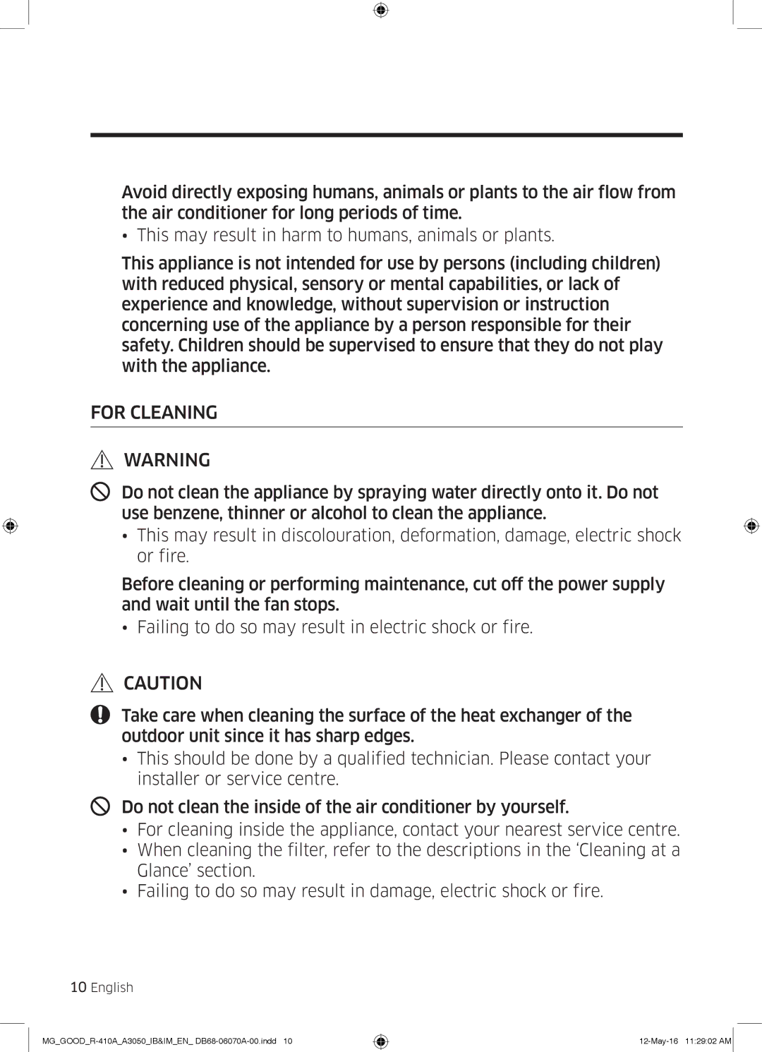 Samsung AR24KQJSBWKNMG manual For Cleaning 