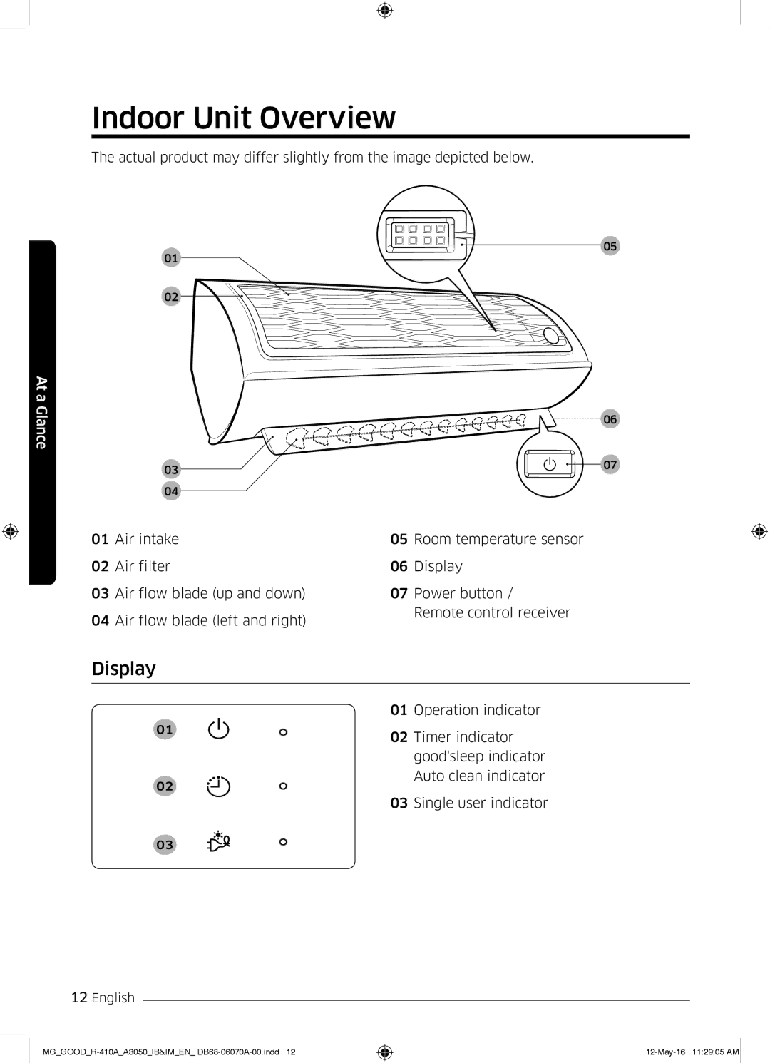 Samsung AR24KQJSBWKNMG manual Indoor Unit Overview, Display 