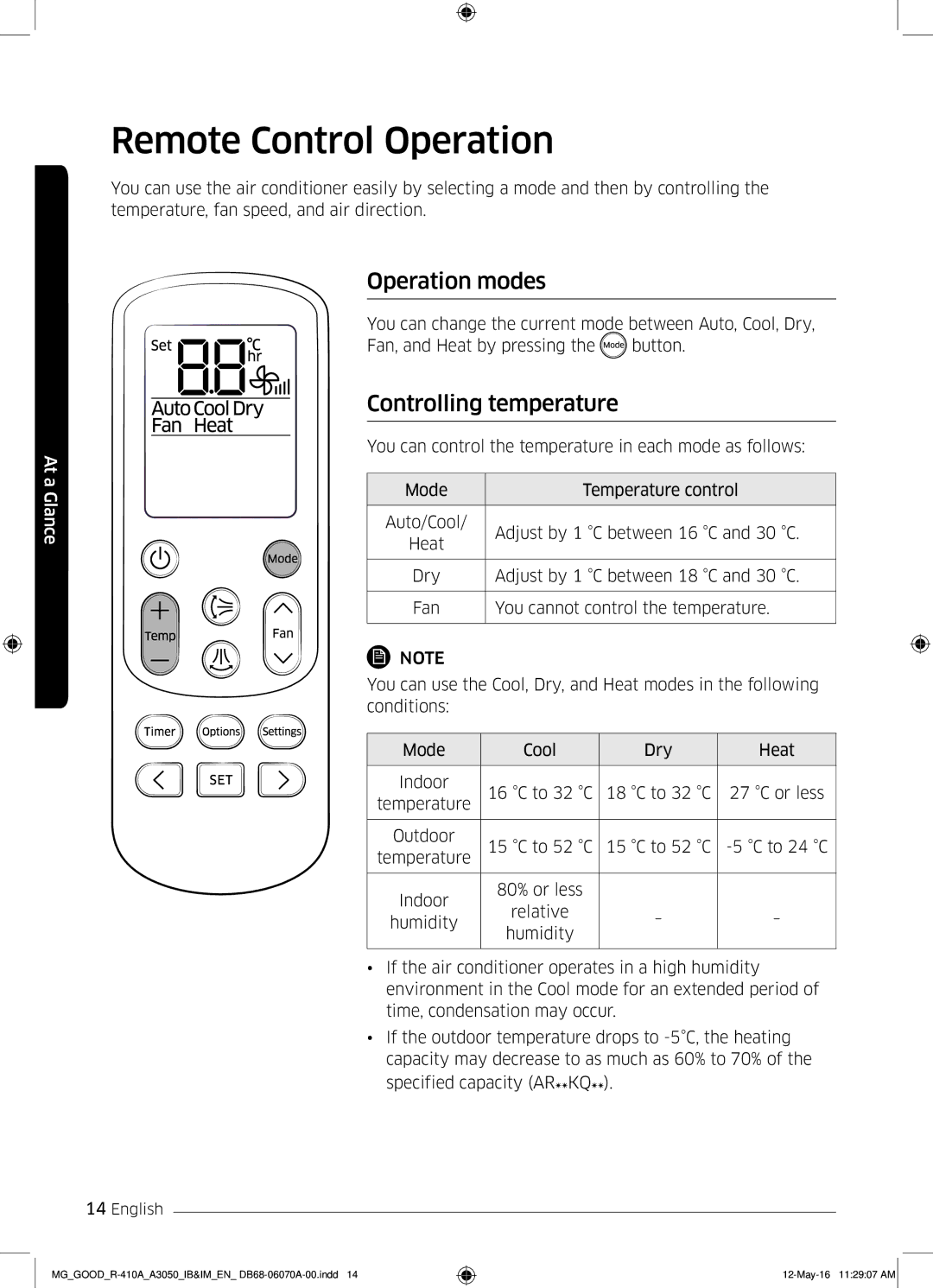 Samsung AR24KQJSBWKNMG manual Remote Control Operation, Operation modes, Controlling temperature 