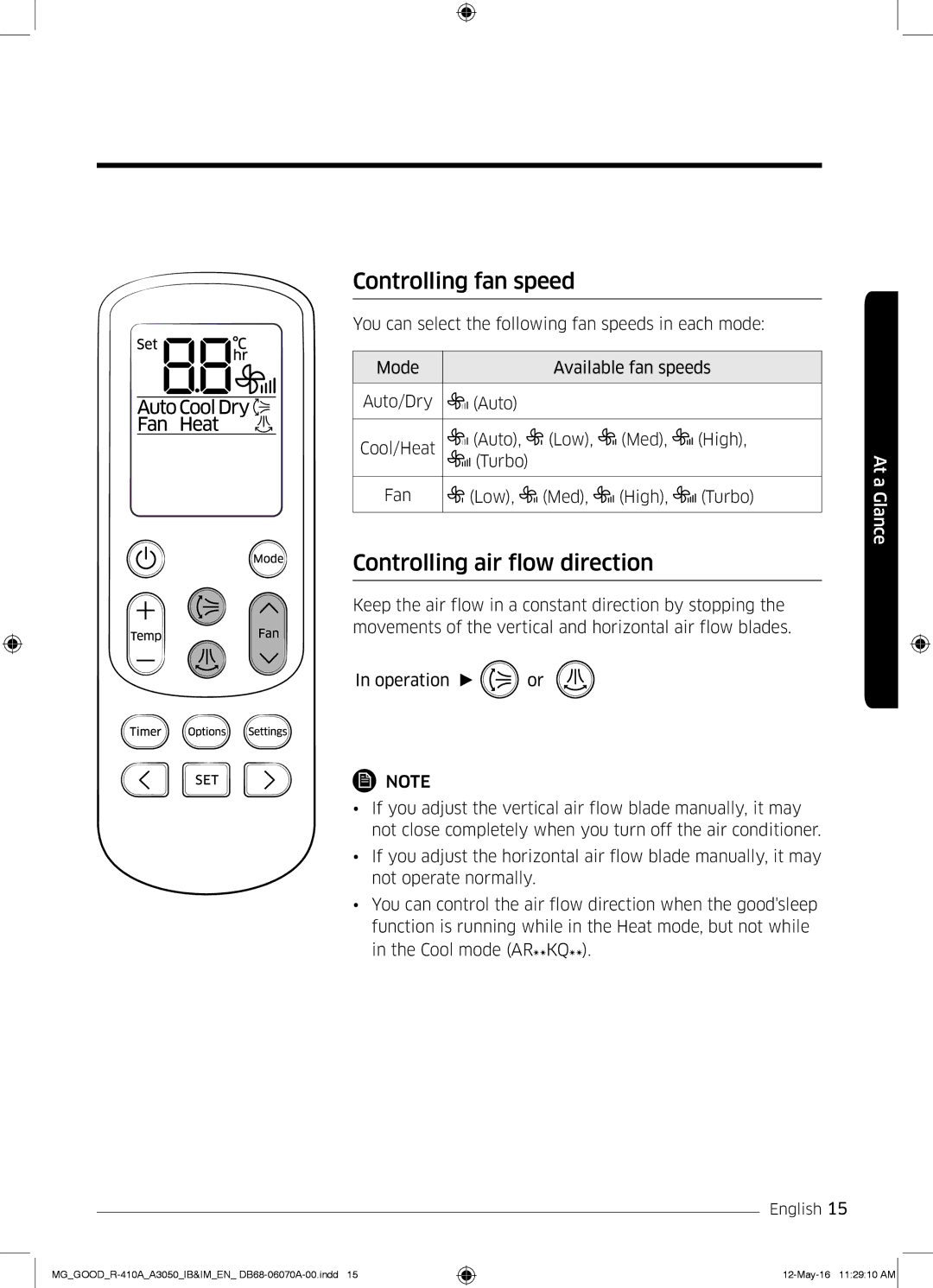 Samsung AR24KQJSBWKNMG manual Controlling fan speed, Controlling air flow direction 