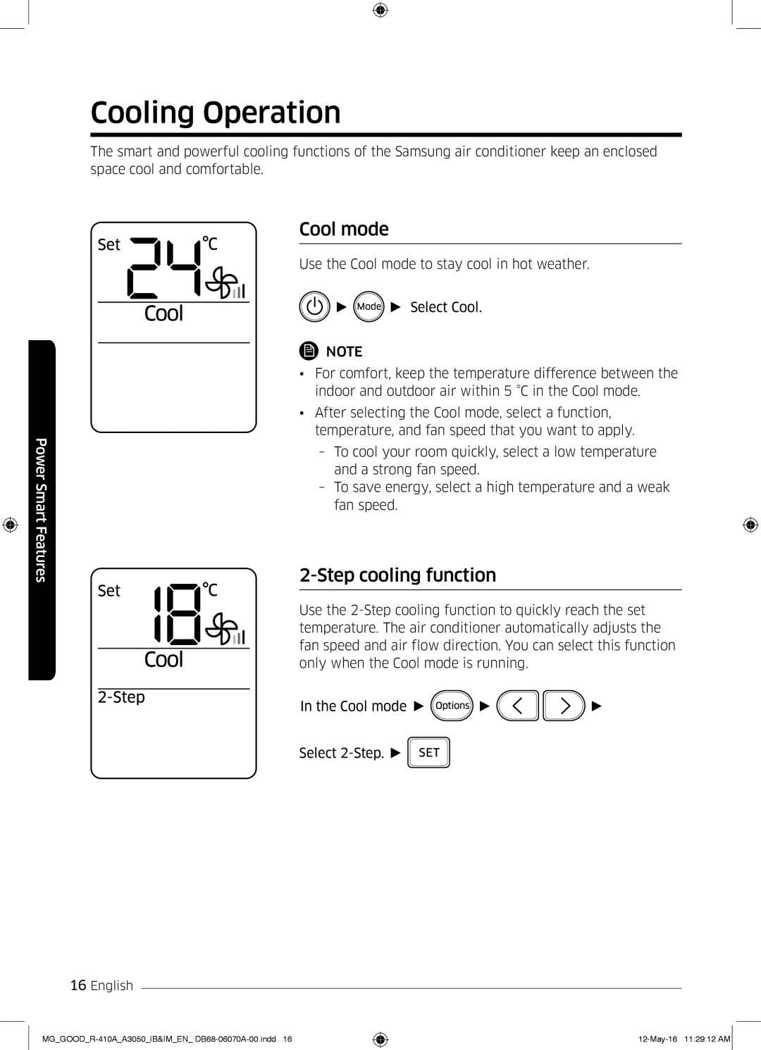 Samsung AR24KQJSBWKNMG manual Cooling Operation, Cool mode, Step cooling function 