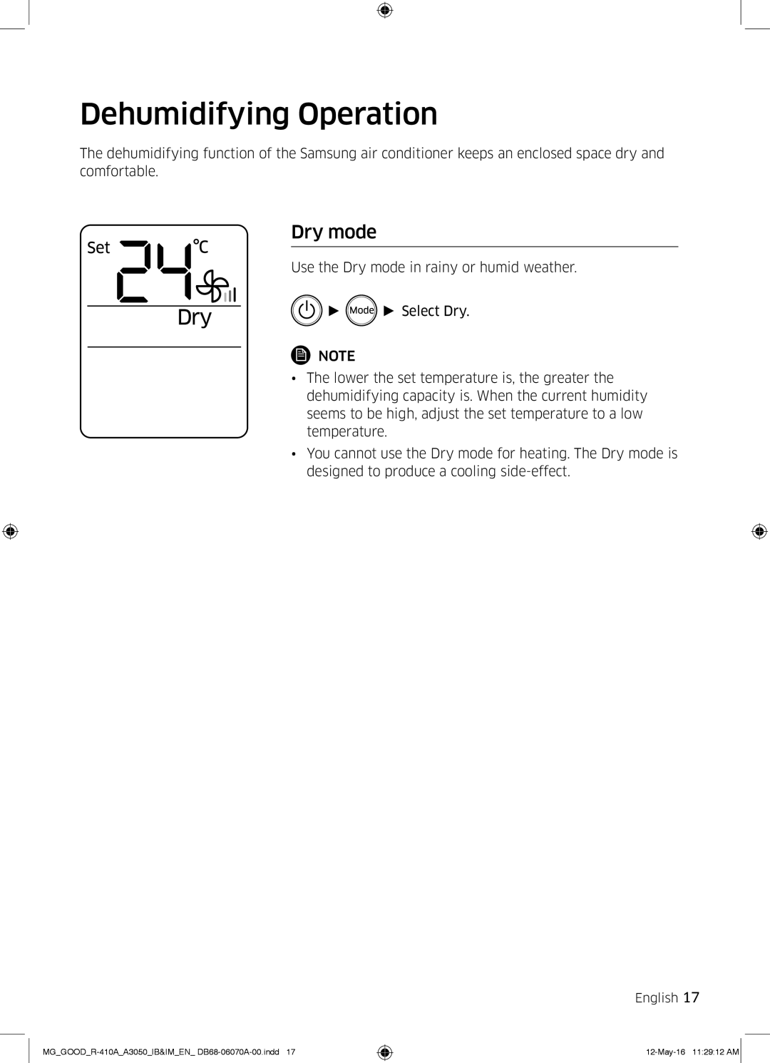 Samsung AR24KQJSBWKNMG manual Dehumidifying Operation, Dry mode 