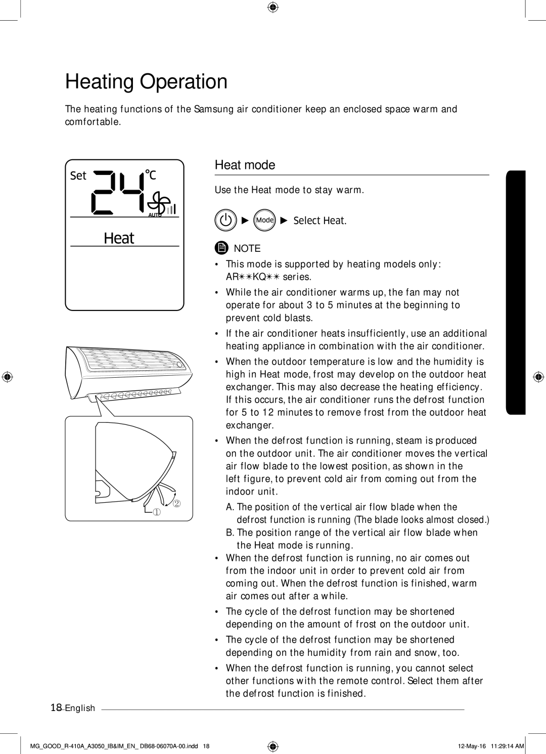 Samsung AR24KQJSBWKNMG manual Heating Operation, Heat mode 