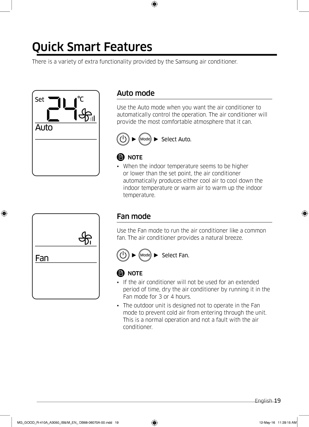 Samsung AR24KQJSBWKNMG manual Quick Smart Features, Auto mode, Fan mode 