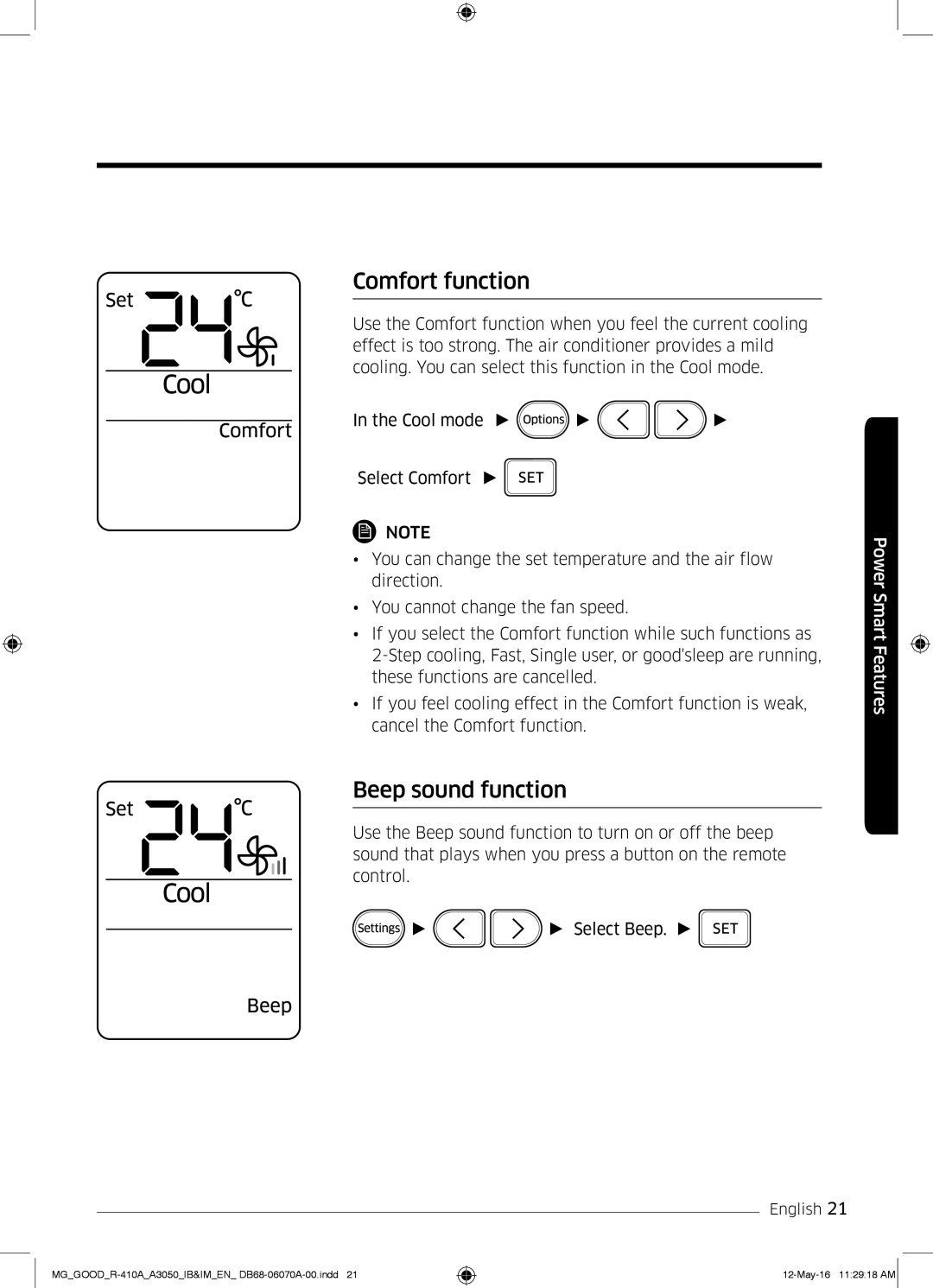 Samsung AR24KQJSBWKNMG manual Comfort function, Beep sound function 