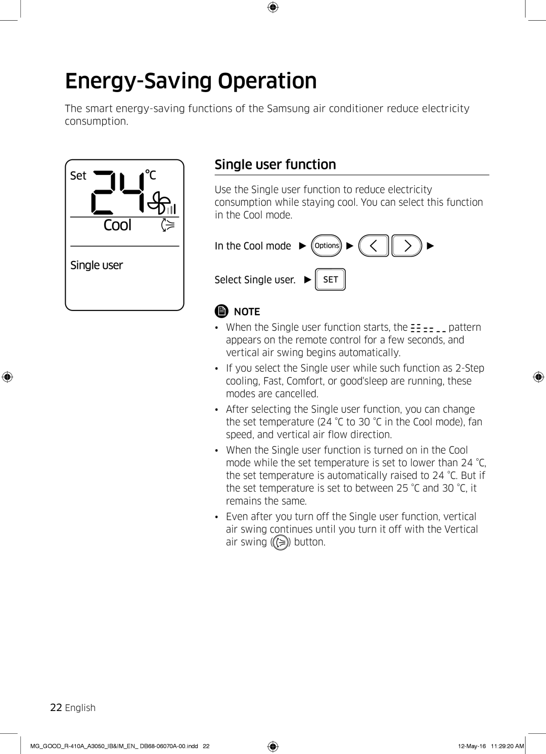 Samsung AR24KQJSBWKNMG manual Energy-Saving Operation, Single user function 