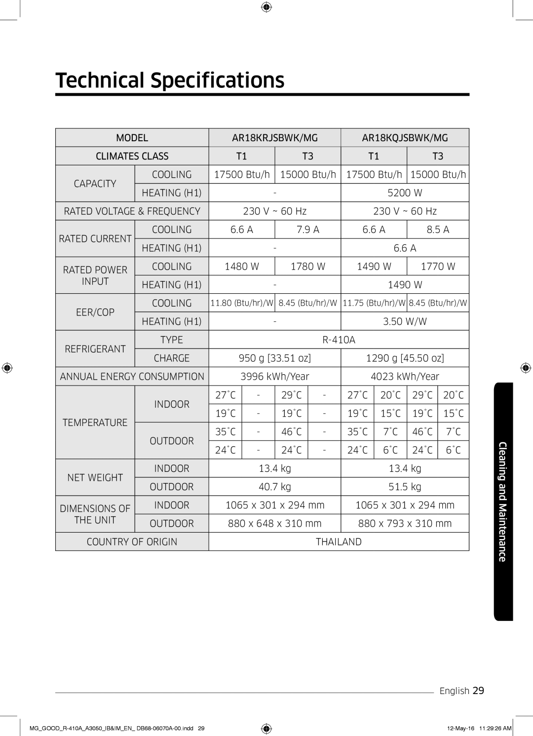 Samsung AR24KQJSBWKNMG manual Technical Specifications, Thailand 