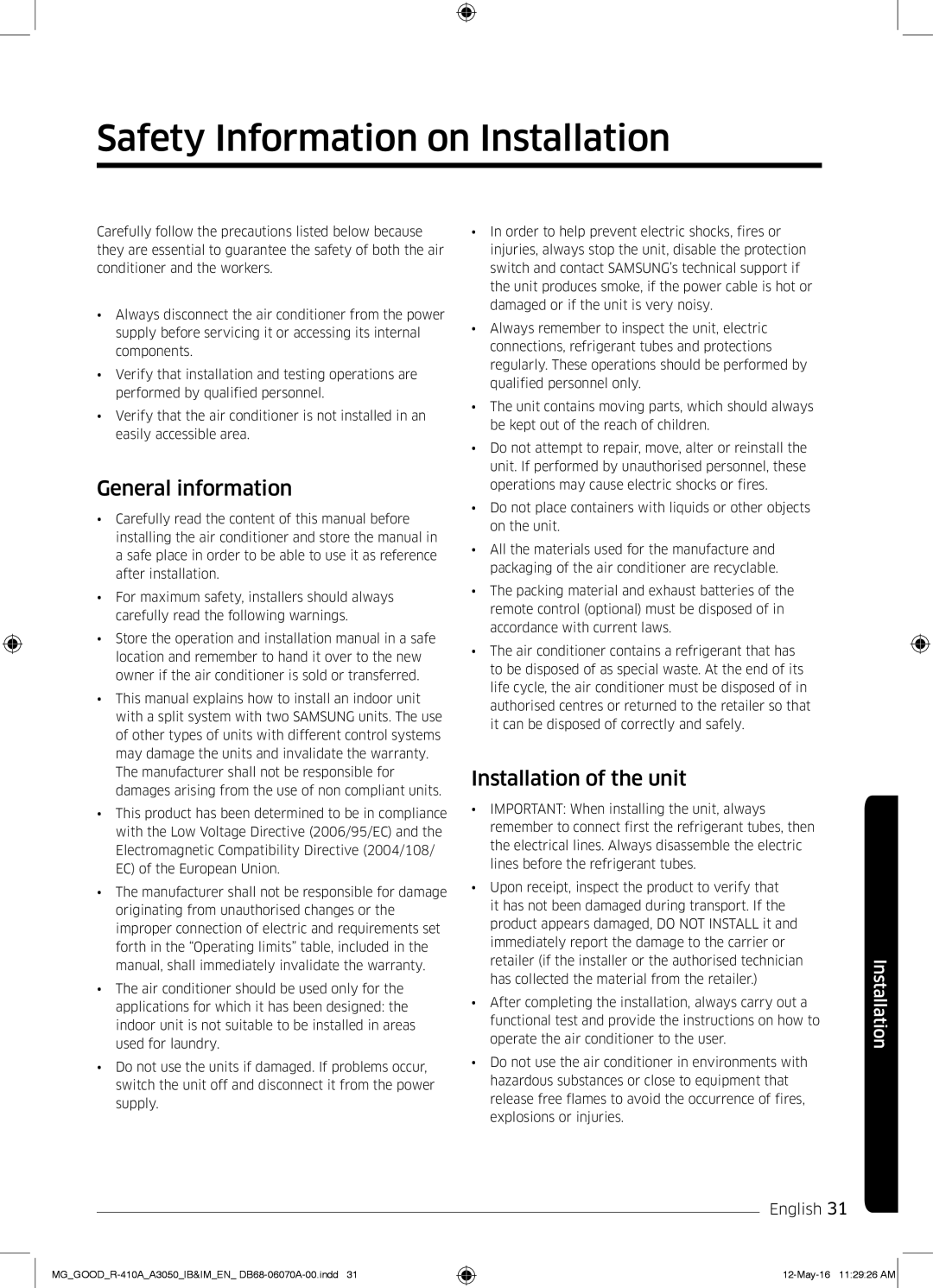 Samsung AR24KQJSBWKNMG manual Safety Information on Installation, General information 