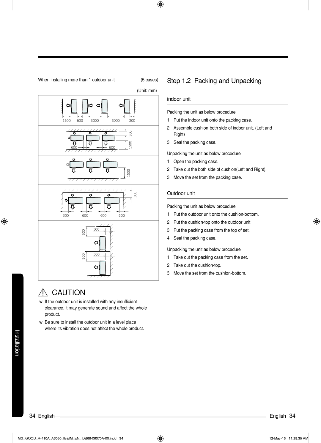 Samsung AR24KQJSBWKNMG manual Packing and Unpacking, Indoor unit, Outdoor unit 