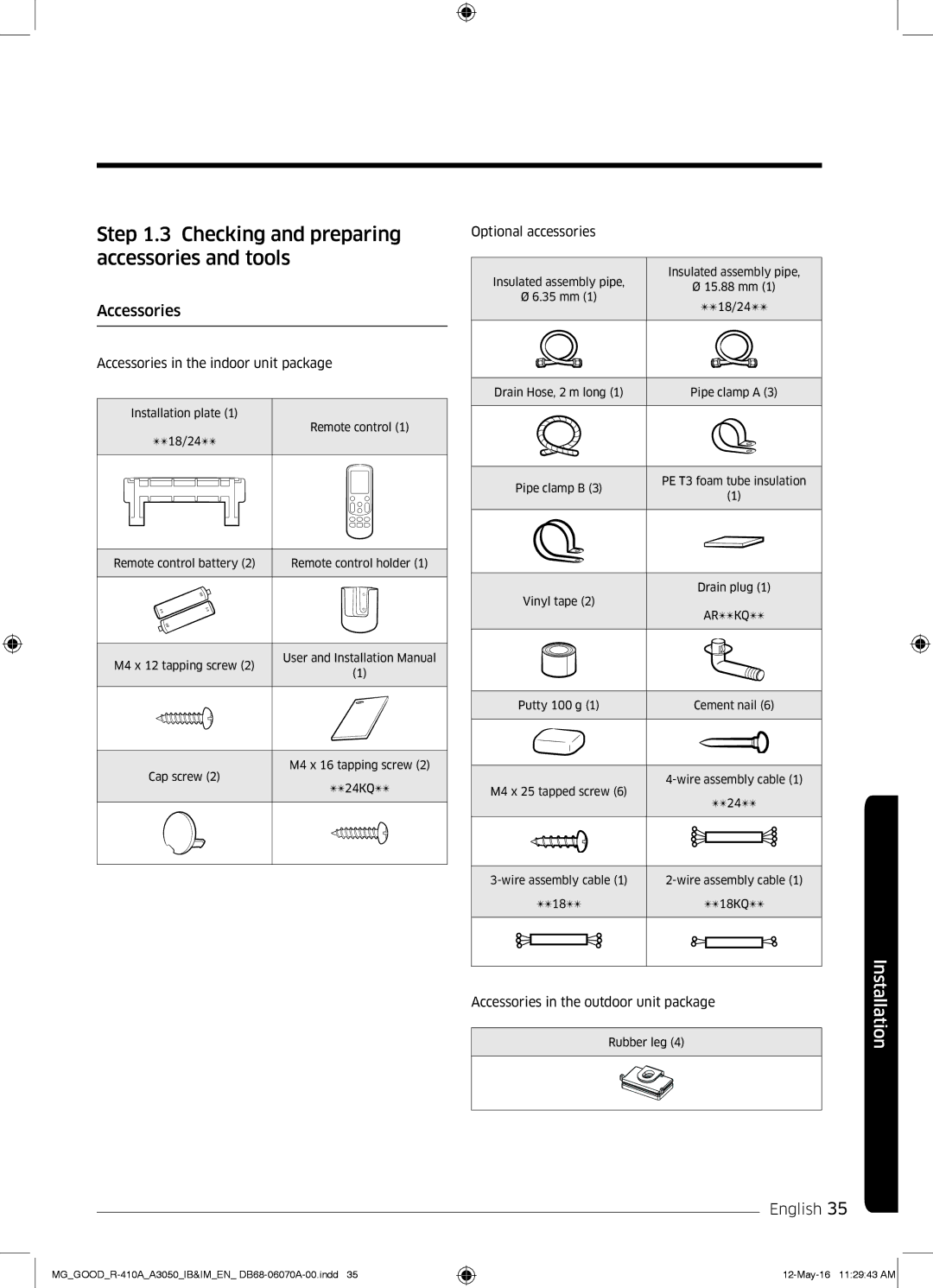 Samsung AR24KQJSBWKNMG manual Checking and preparing accessories and tools, Accessories 