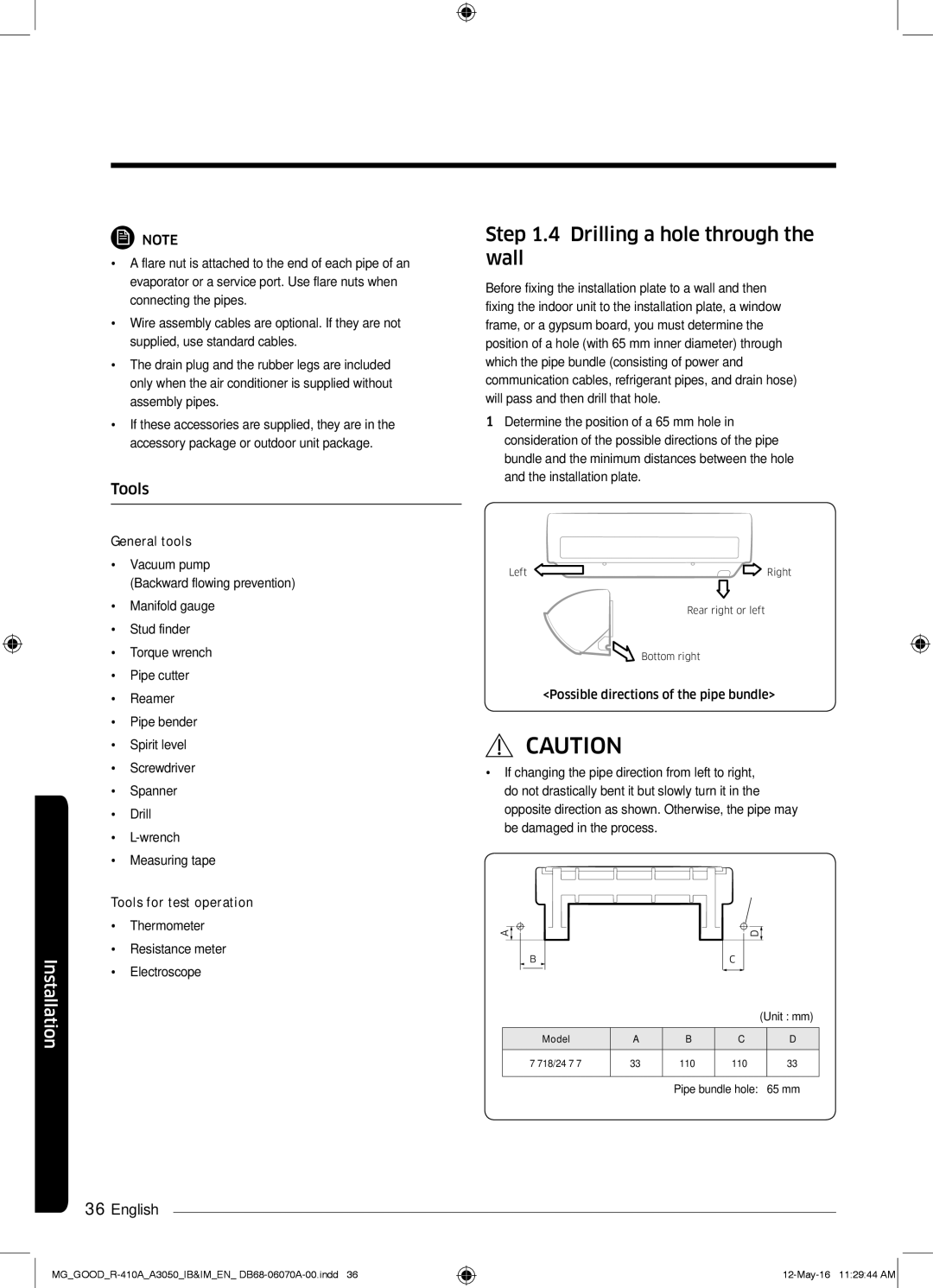 Samsung AR24KQJSBWKNMG manual Drilling a hole through the wall, Tools 