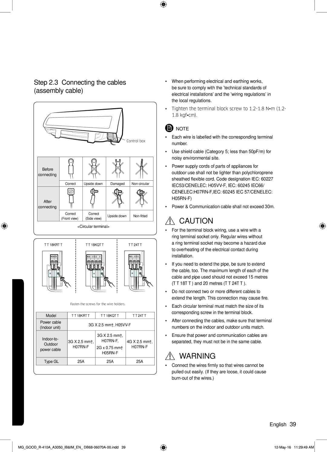 Samsung AR24KQJSBWKNMG manual Connecting the cables, Assembly cable 