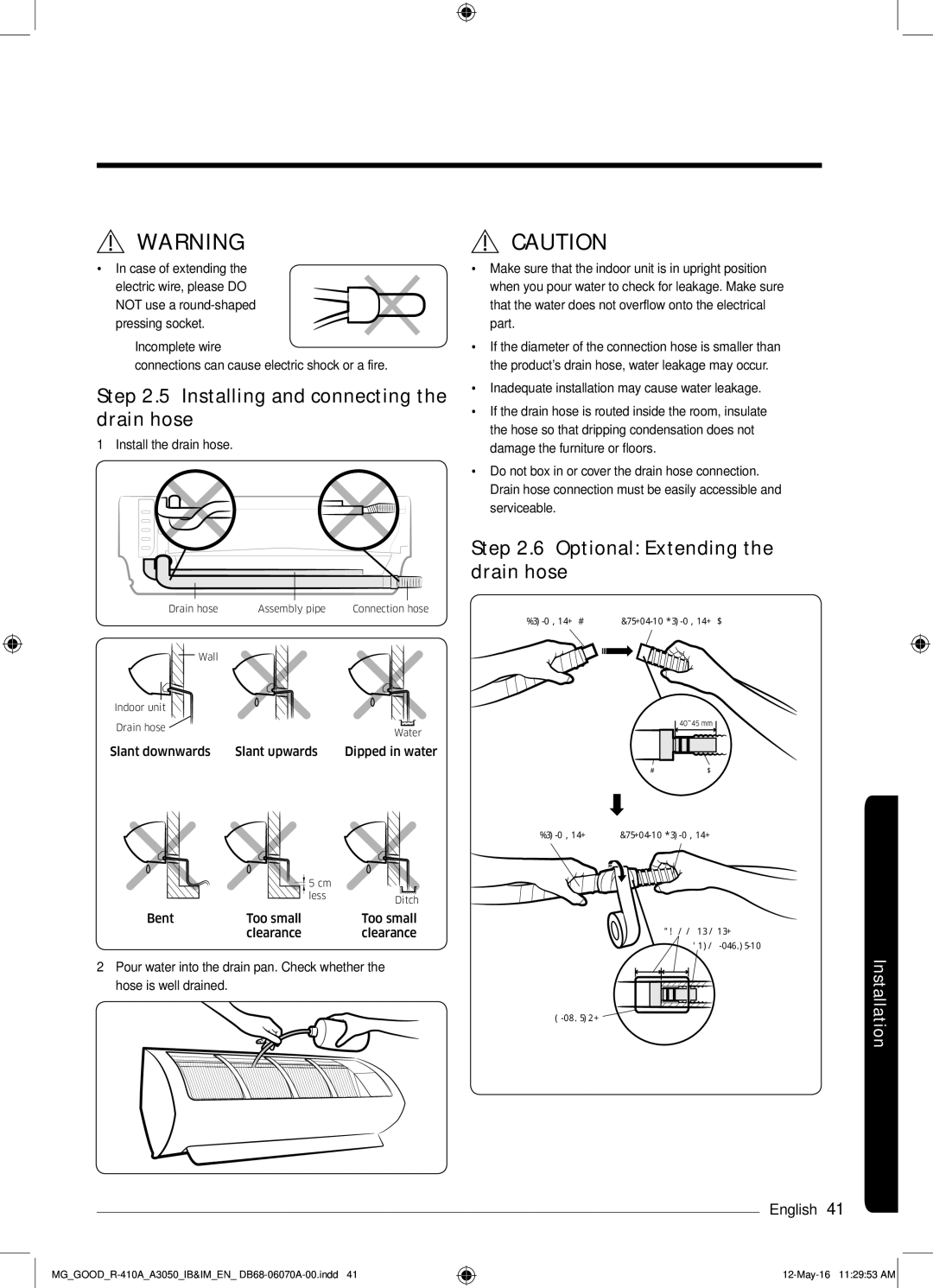 Samsung AR24KQJSBWKNMG manual Installing and connecting the drain hose, Optional Extending the drain hose 