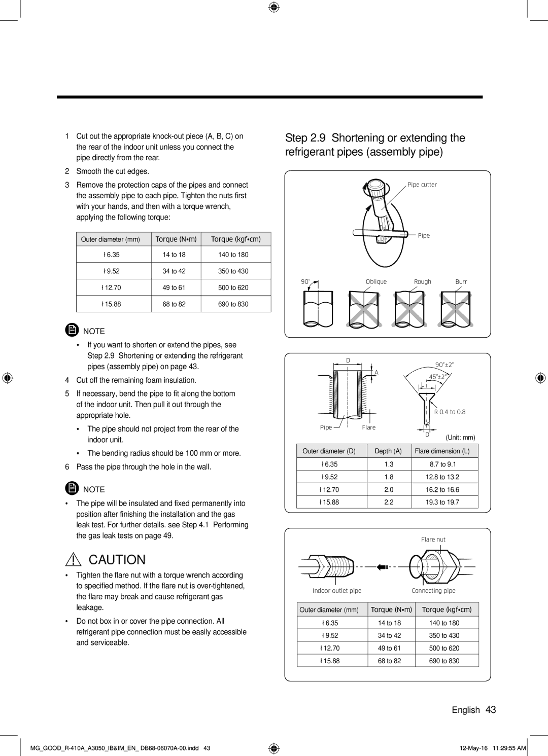 Samsung AR24KQJSBWKNMG manual Shortening or extending the refrigerant pipes assembly pipe 