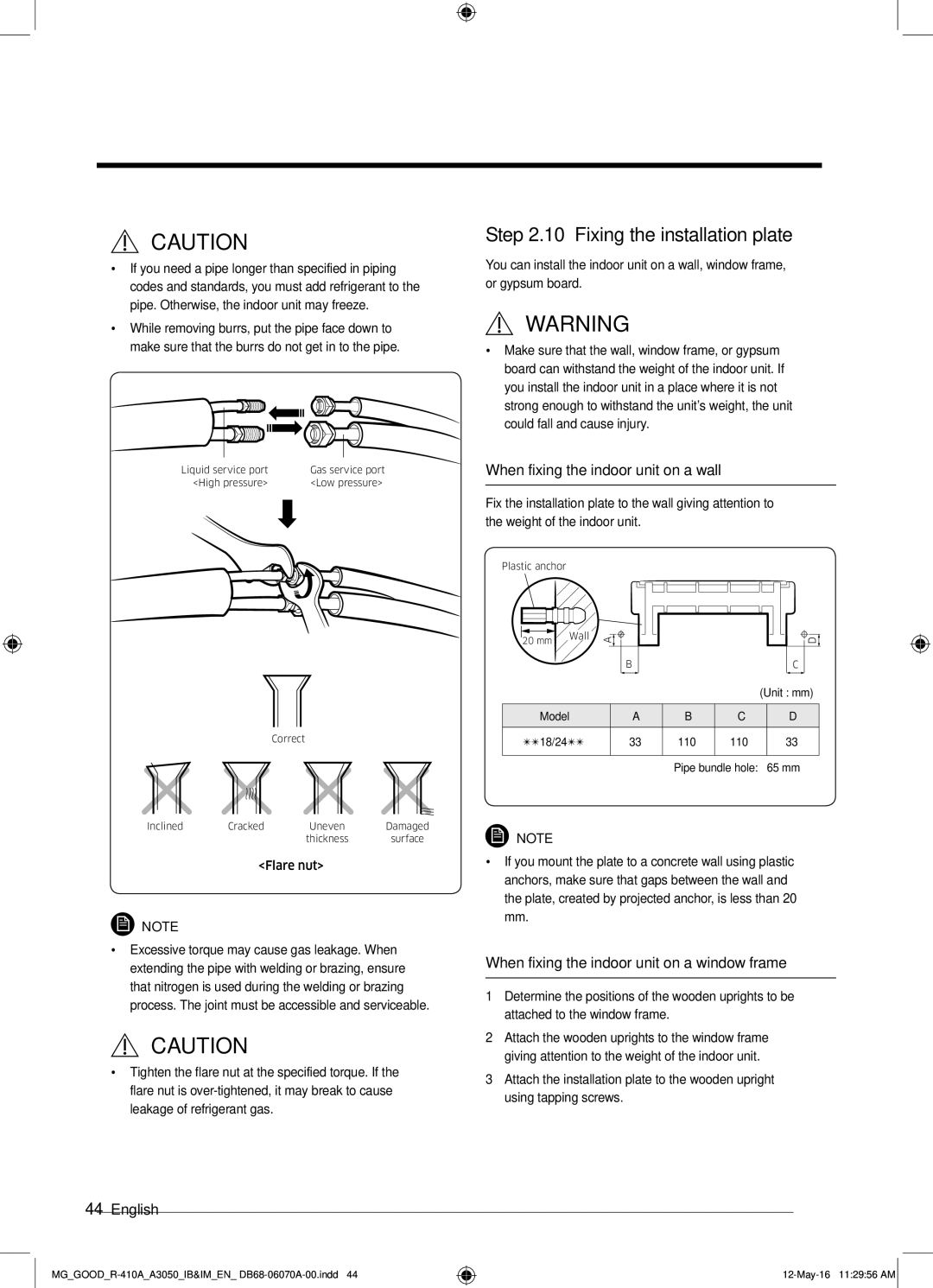 Samsung AR24KQJSBWKNMG manual Fixing the installation plate, When fixing the indoor unit on a wall 