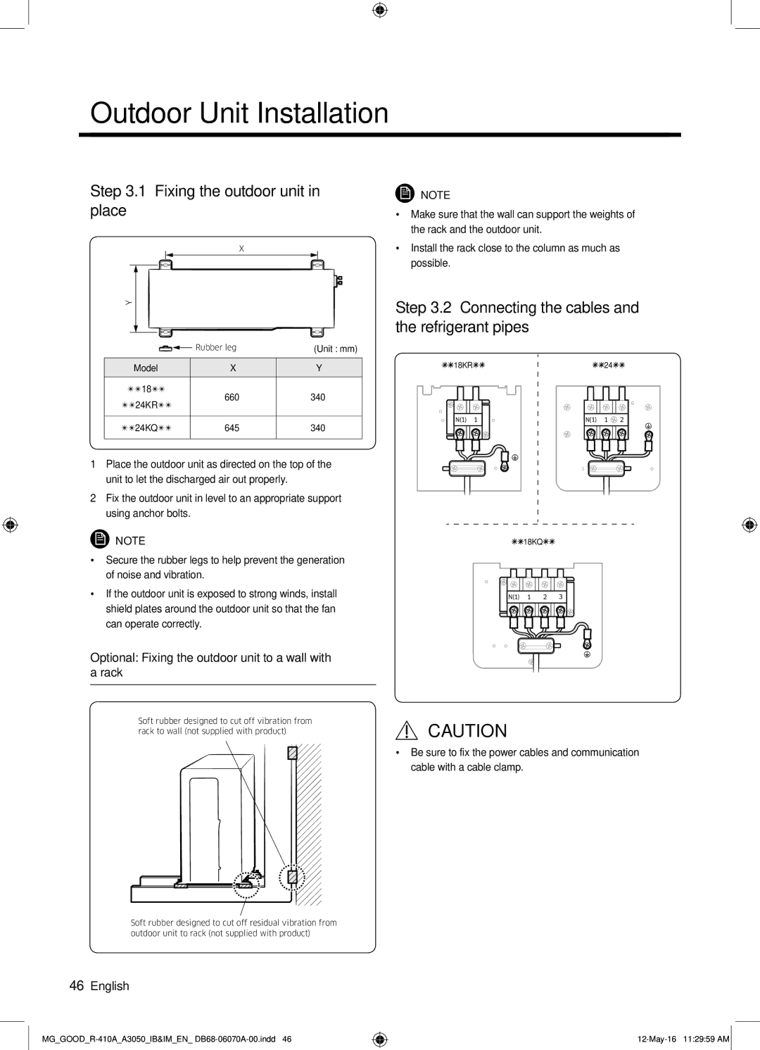 Samsung AR24KQJSBWKNMG manual Outdoor Unit Installation, Fixing the outdoor unit in place 