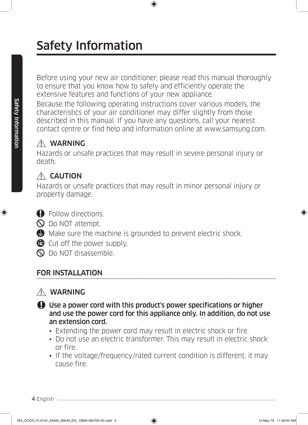 Samsung AR24KQJSBWKNMG manual Safety Information, For Installation 