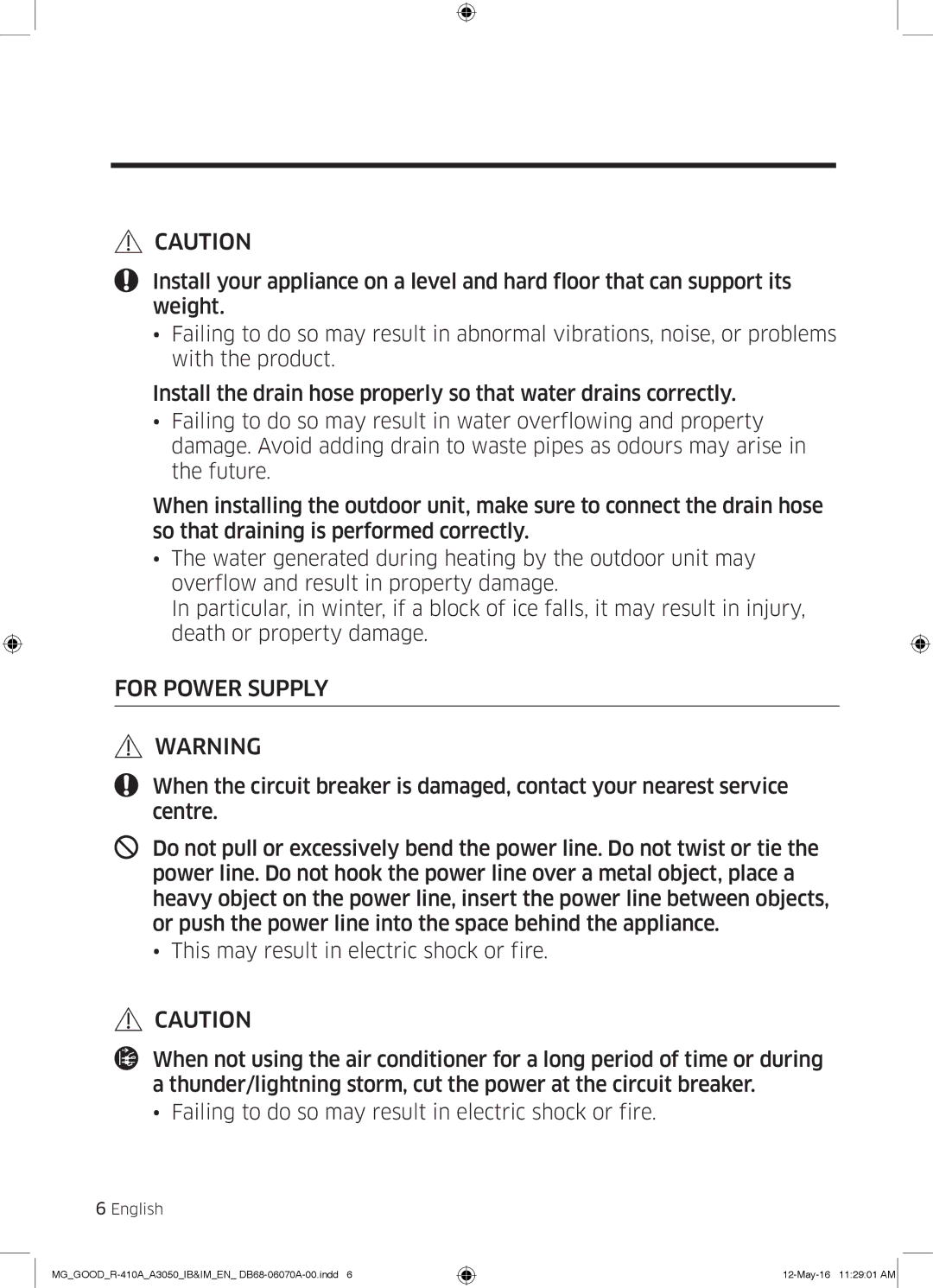 Samsung AR24KQJSBWKNMG manual For Power Supply 