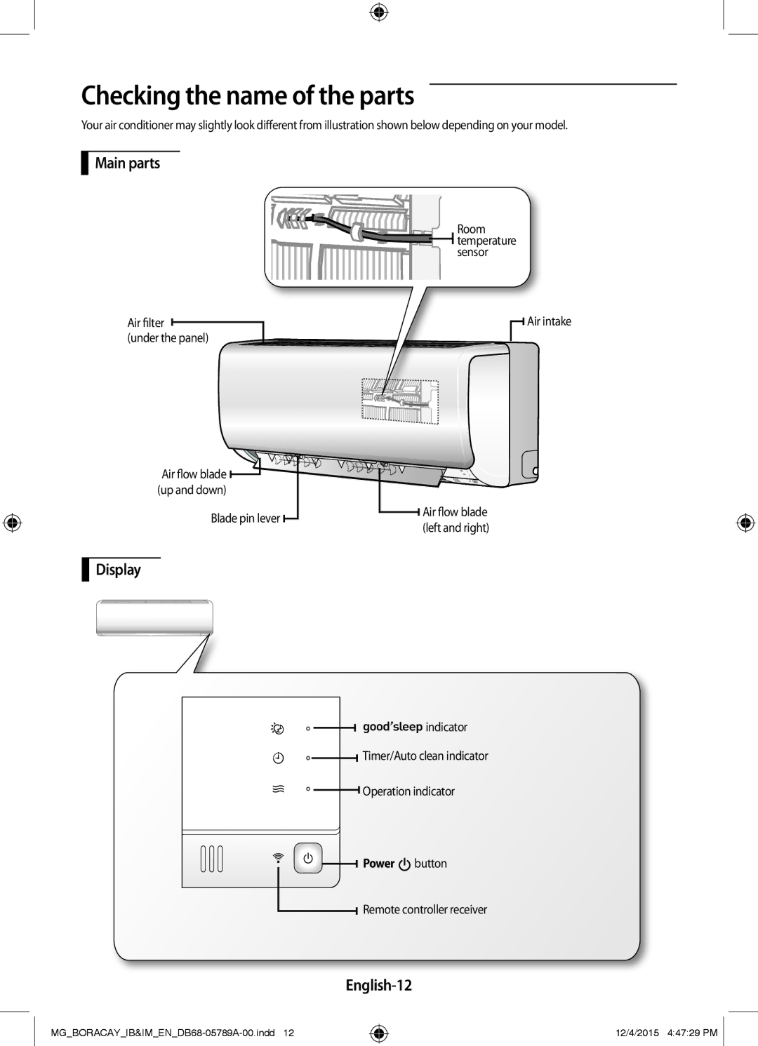 Samsung AR24KRFHCWKNMG, AR18KRFHCWKNMG manual Checking the name of the parts, Main parts, Display, English-12, Power button 