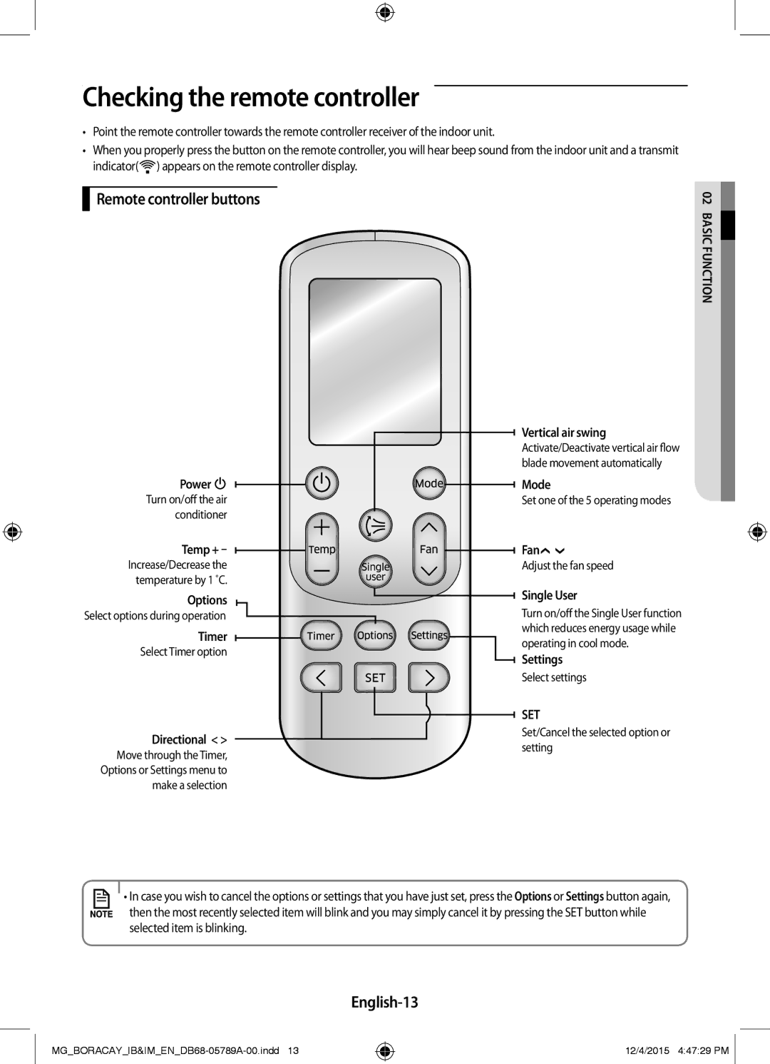 Samsung AR18KRFHCWKNMG, AR24KRFHCWKNMG manual Checking the remote controller, Remote controller buttons, English-13 