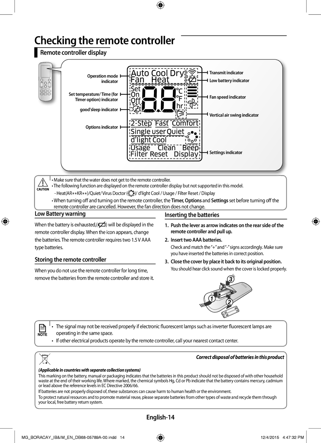 Samsung AR18KQFHCWKNMG manual Remote controller display, Low Battery warning, Storing the remote controller, English-14 