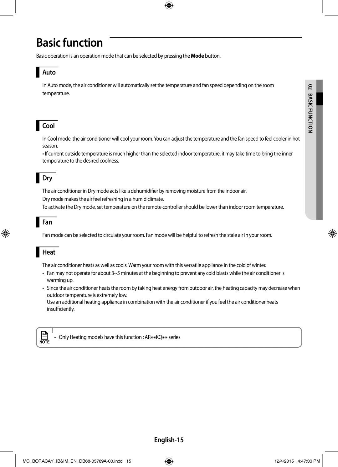 Samsung AR24KQFHCWKNMG, AR24KRFHCWKNMG, AR18KRFHCWKNMG, AR18KQFHCWKNMG manual Basic function 