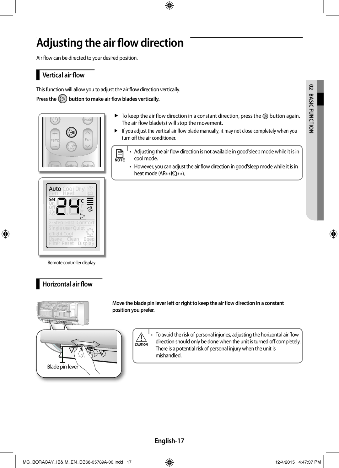 Samsung AR18KRFHCWKNMG manual Adjusting the air flow direction, Vertical air flow, Horizontal air flow, English-17 