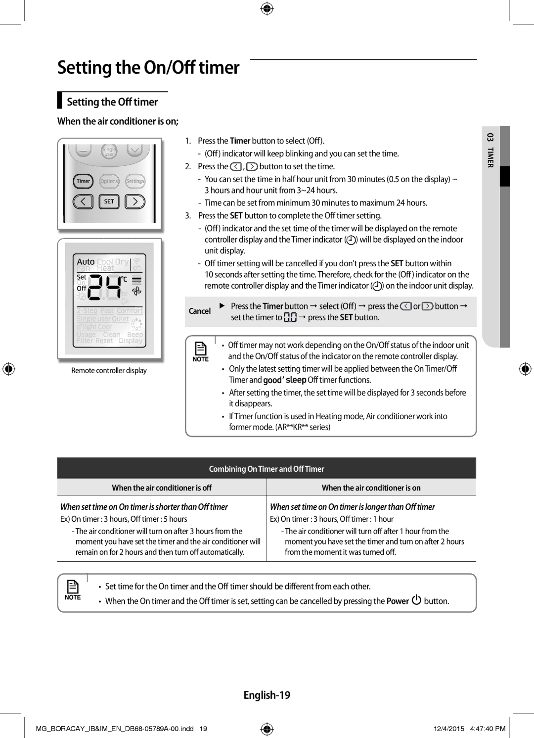 Samsung AR24KQFHCWKNMG, AR24KRFHCWKNMG, AR18KRFHCWKNMG manual Setting the Off timer, English-19, Button , Set the timer to 