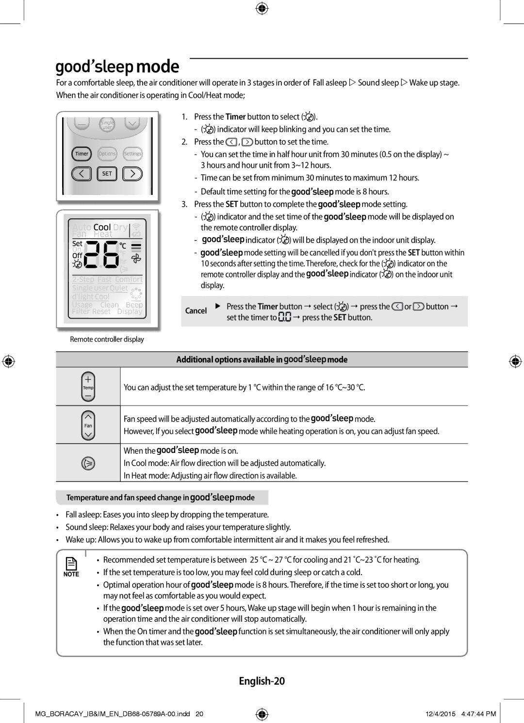 Samsung AR24KRFHCWKNMG, AR18KRFHCWKNMG, AR18KQFHCWKNMG manual Mode, English-20, Additional options available in mode 