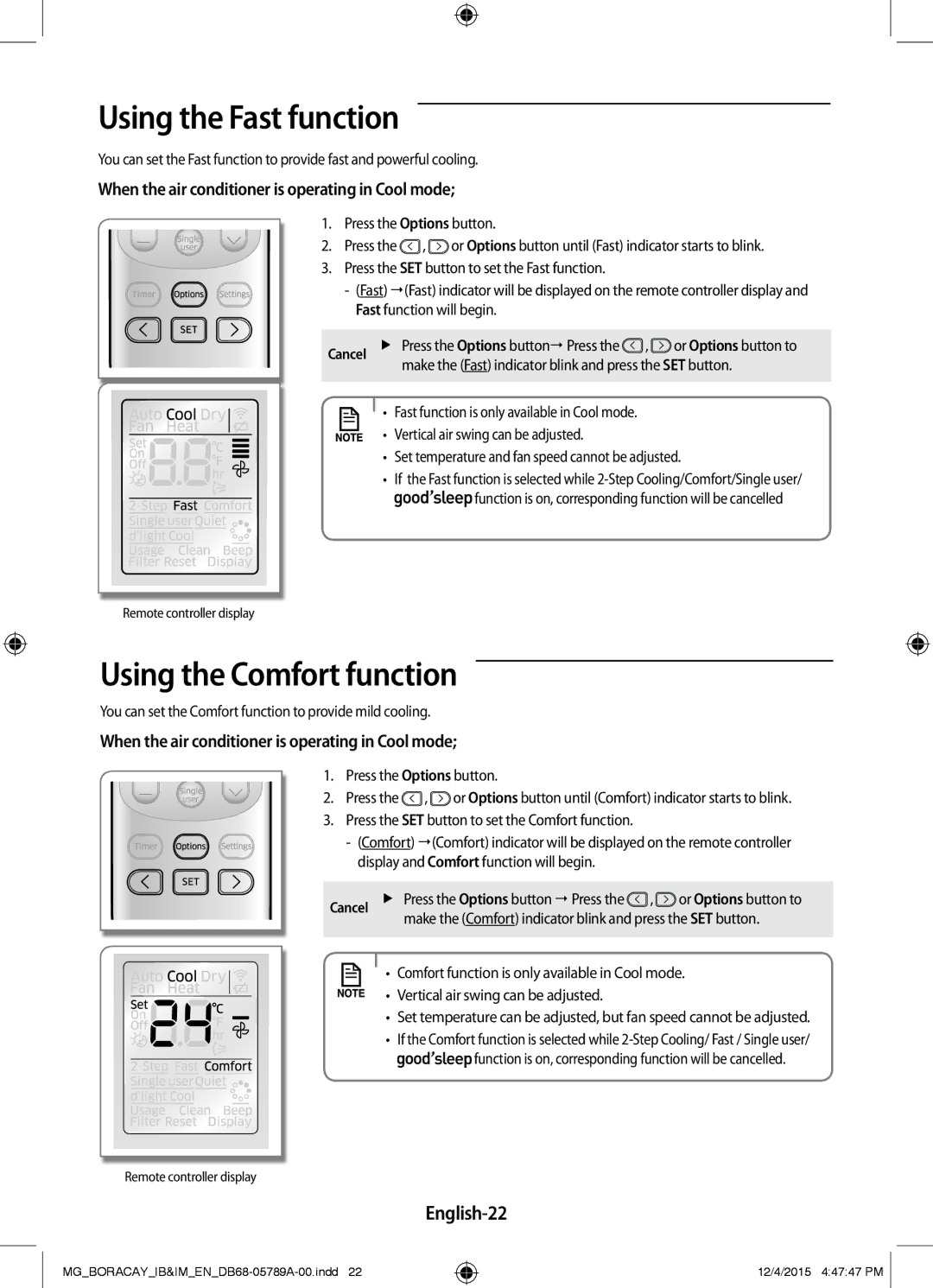 Samsung AR18KQFHCWKNMG, AR24KRFHCWKNMG, AR18KRFHCWKNMG manual Using the Fast function, Using the Comfort function, English-22 