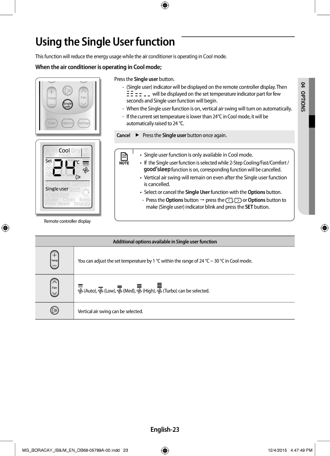 Samsung AR24KQFHCWKNMG, AR24KRFHCWKNMG manual Using the Single User function, English-23, Press the Single user button 