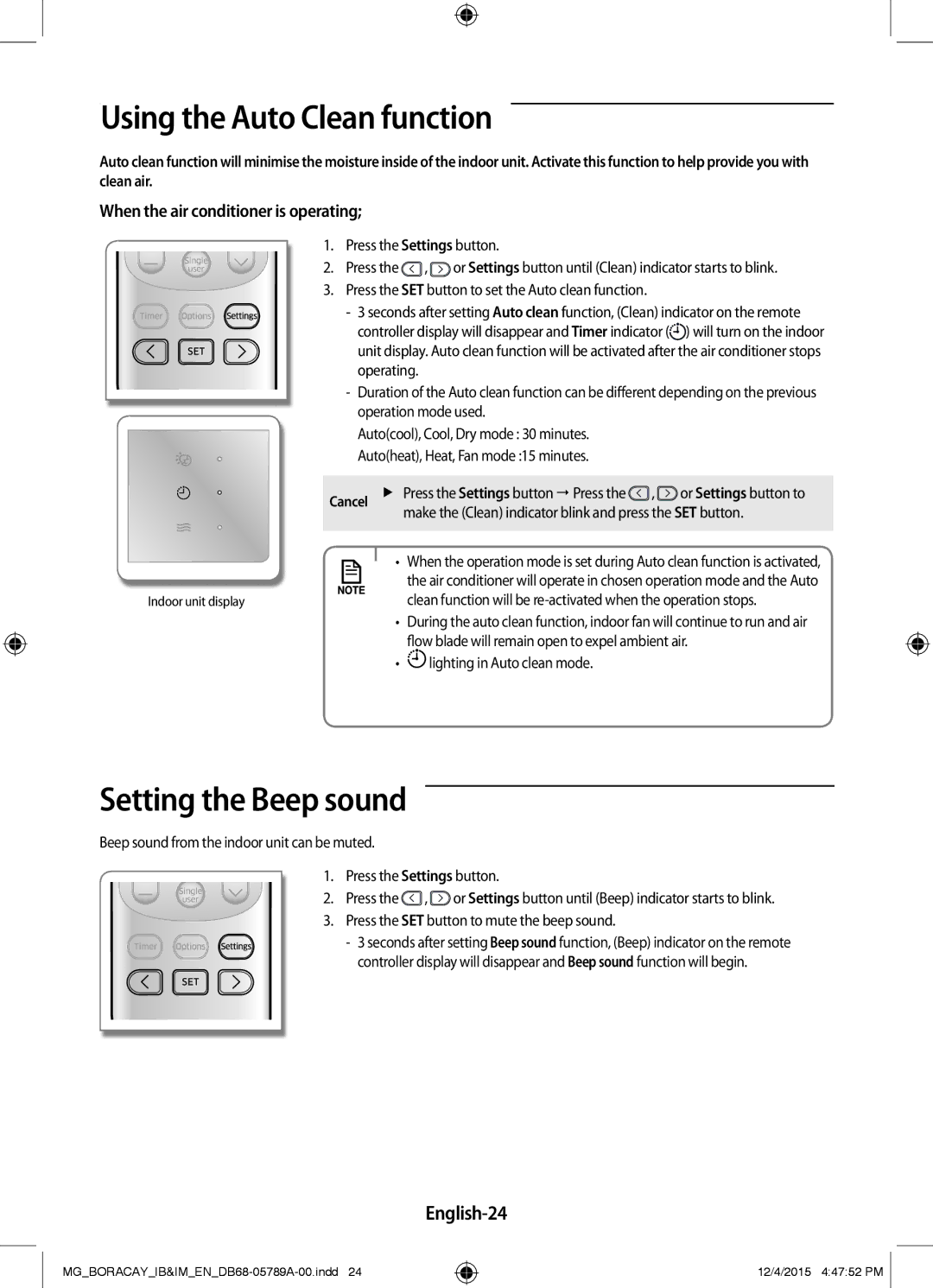 Samsung AR24KRFHCWKNMG, AR18KRFHCWKNMG, AR18KQFHCWKNMG Using the Auto Clean function, Setting the Beep sound, English-24 