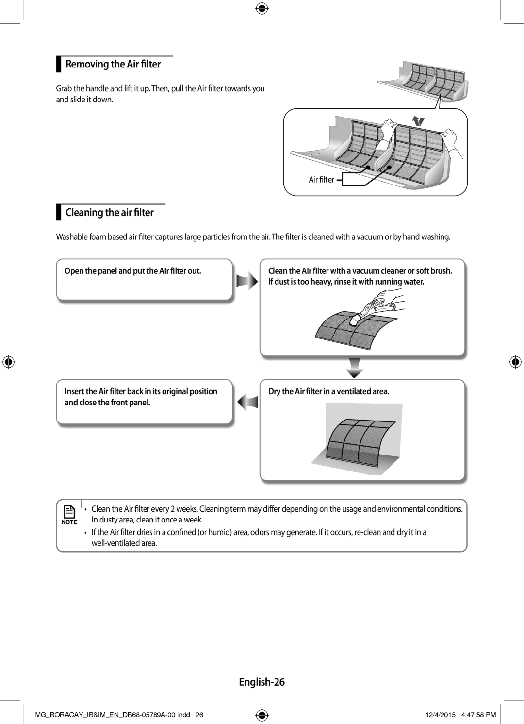 Samsung AR18KQFHCWKNMG, AR24KRFHCWKNMG, AR18KRFHCWKNMG manual Removing the Air filter, Cleaning the air filter, English-26 
