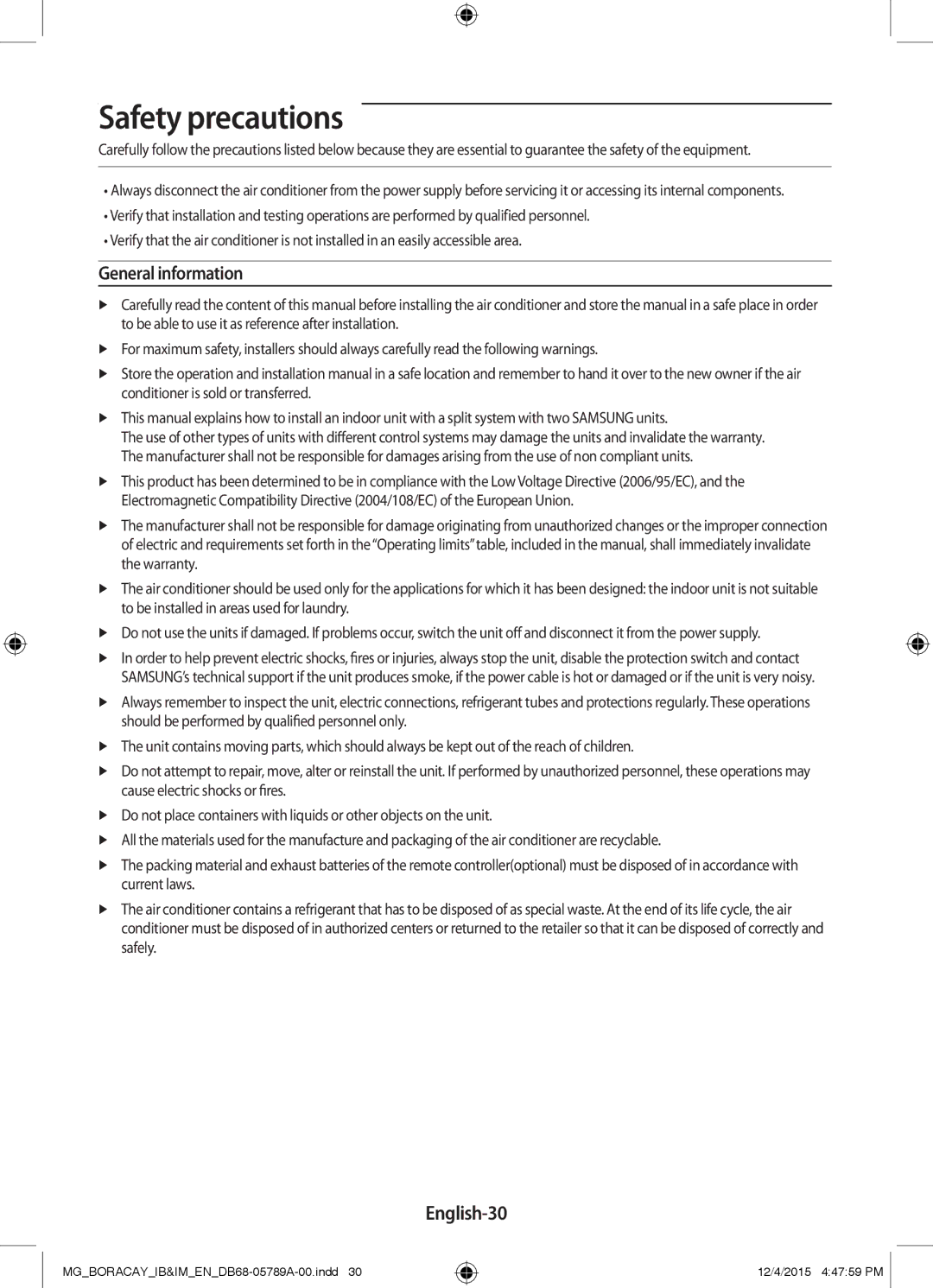 Samsung AR18KQFHCWKNMG, AR24KRFHCWKNMG, AR18KRFHCWKNMG, AR24KQFHCWKNMG manual General information, English-30 