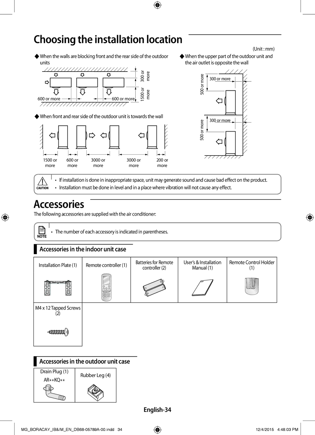 Samsung AR18KQFHCWKNMG manual Accessories in the indoor unit case, Accessories in the outdoor unit case, English-34 