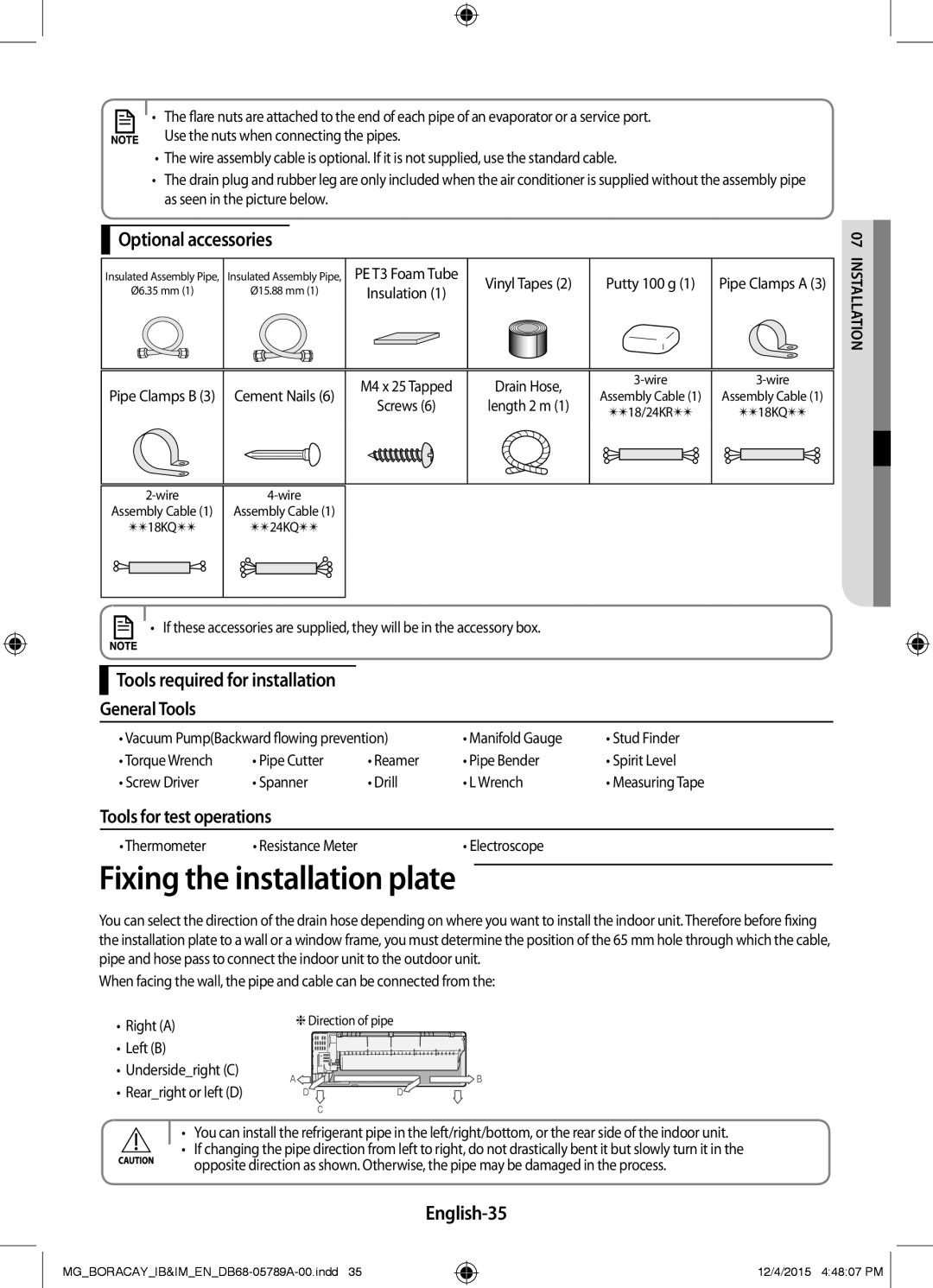 Samsung AR24KQFHCWKNMG Fixing the installation plate, Optional accessories, Tools required for installation General Tools 