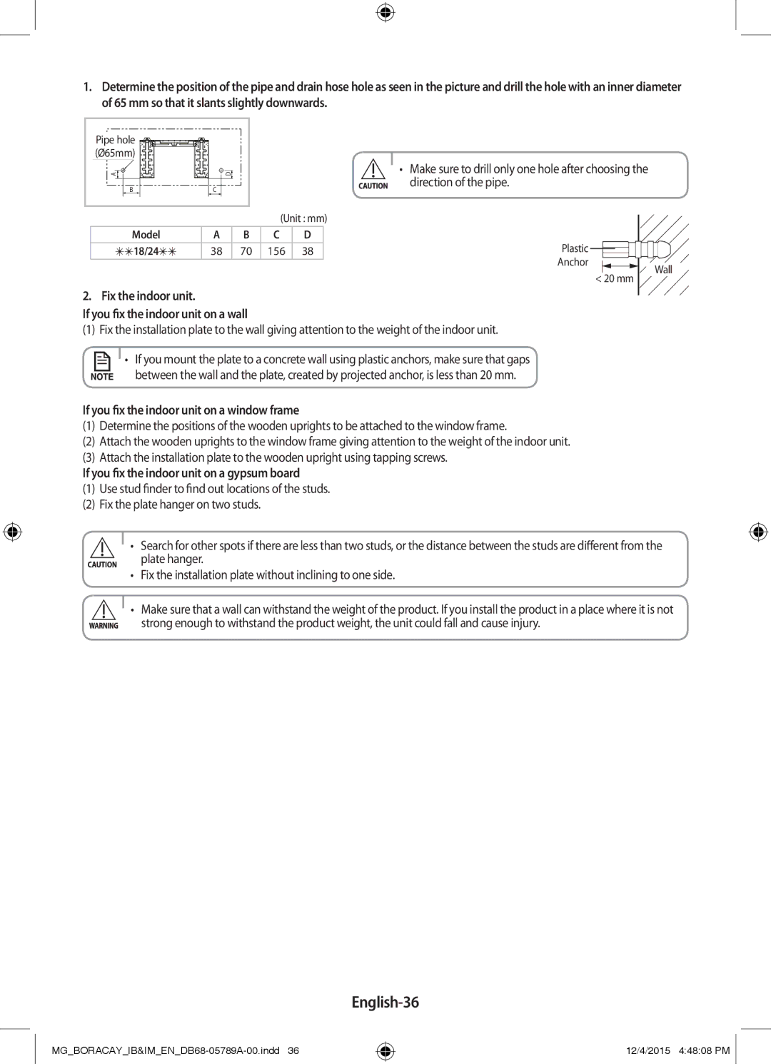 Samsung AR24KRFHCWKNMG, AR18KRFHCWKNMG, AR18KQFHCWKNMG English-36, On a Wall, If you fix the indoor unit on a gypsum board 