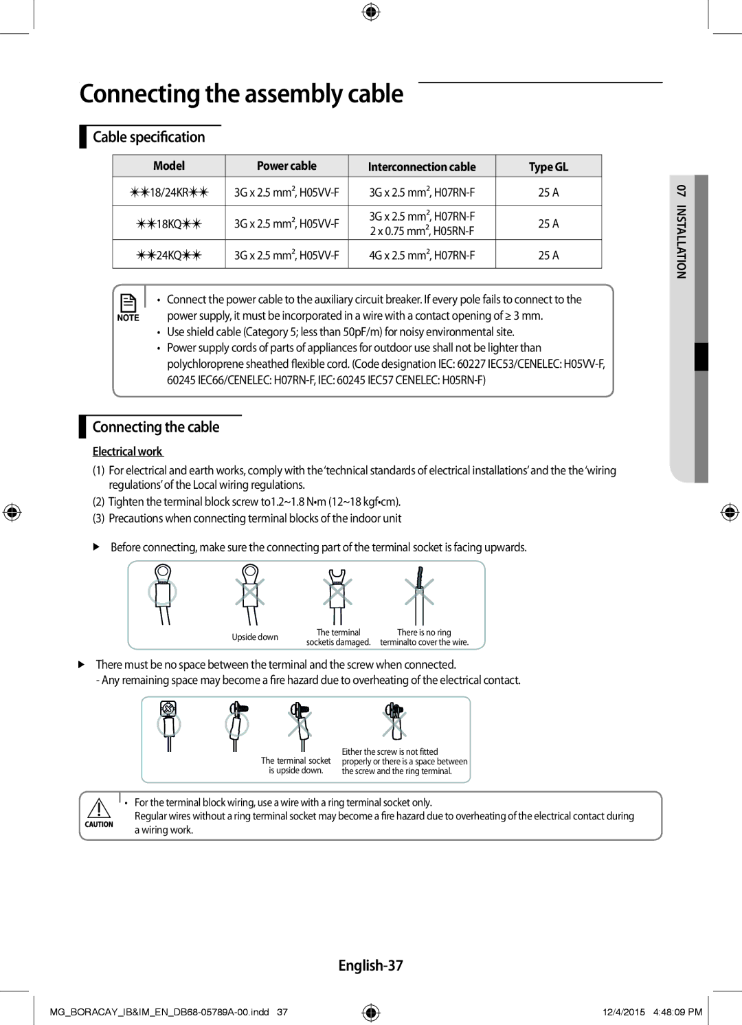 Samsung AR18KRFHCWKNMG manual Connecting the assembly cable, Cable specification, Connecting the cable, English-37 