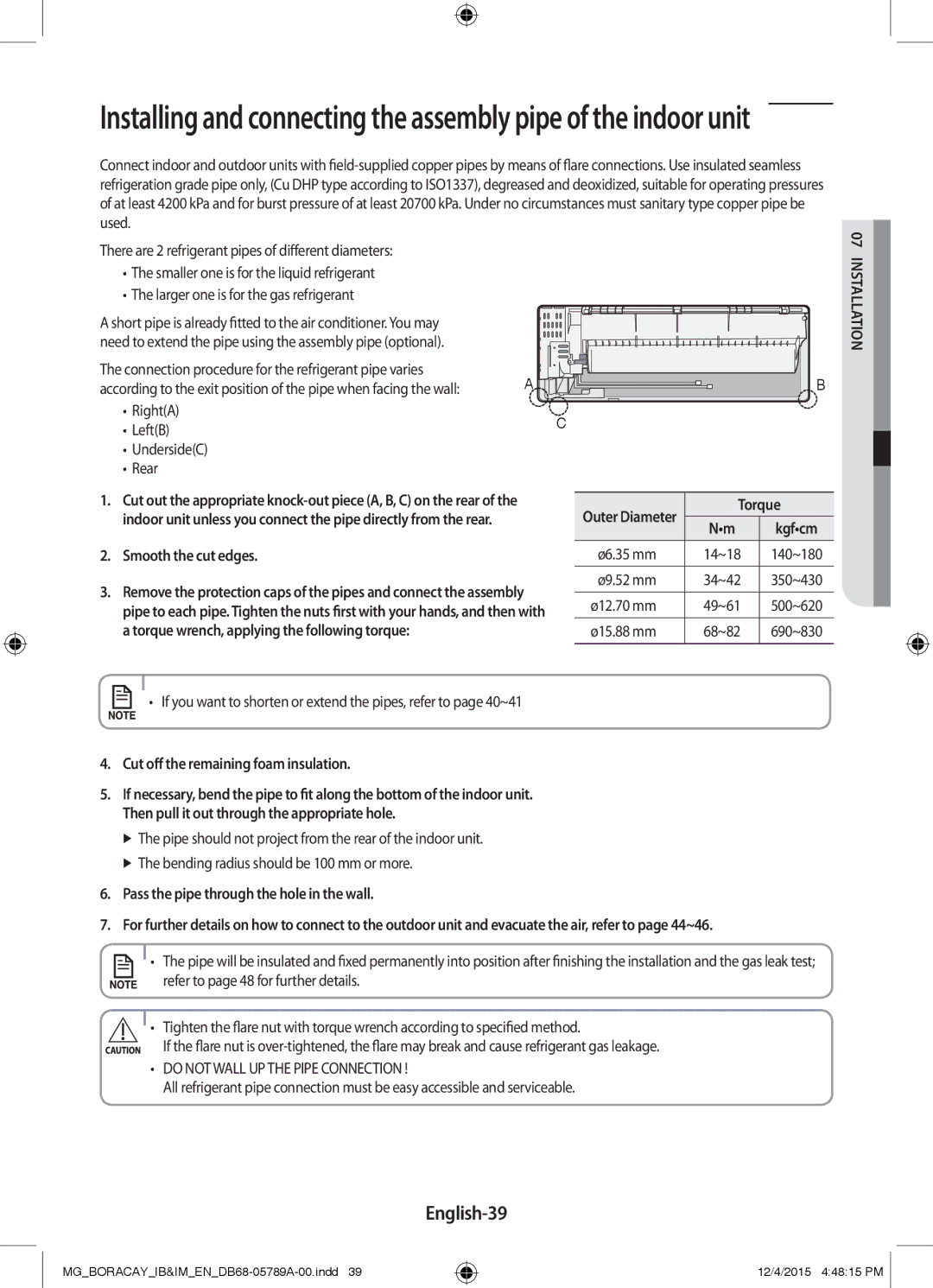 Samsung AR24KQFHCWKNMG, AR24KRFHCWKNMG English-39, Smooth the cut edges, Cut off the remaining foam insulation, Torque 