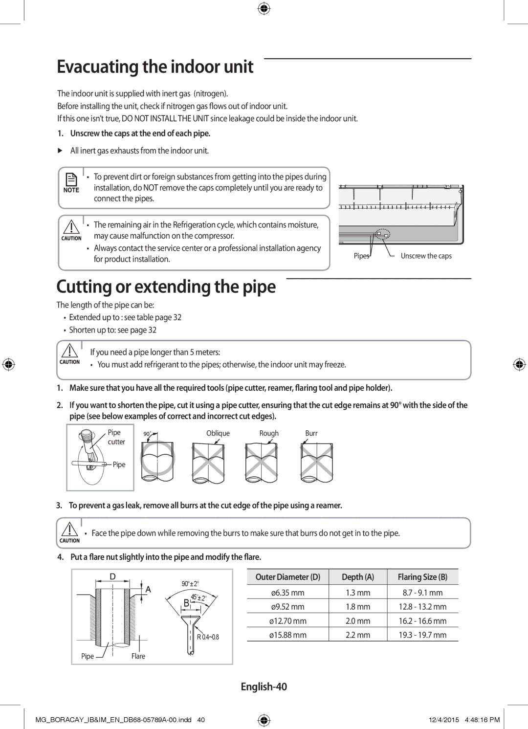 Samsung AR24KRFHCWKNMG, AR18KRFHCWKNMG manual Evacuating the indoor unit, Cutting or extending the pipe, English-40 