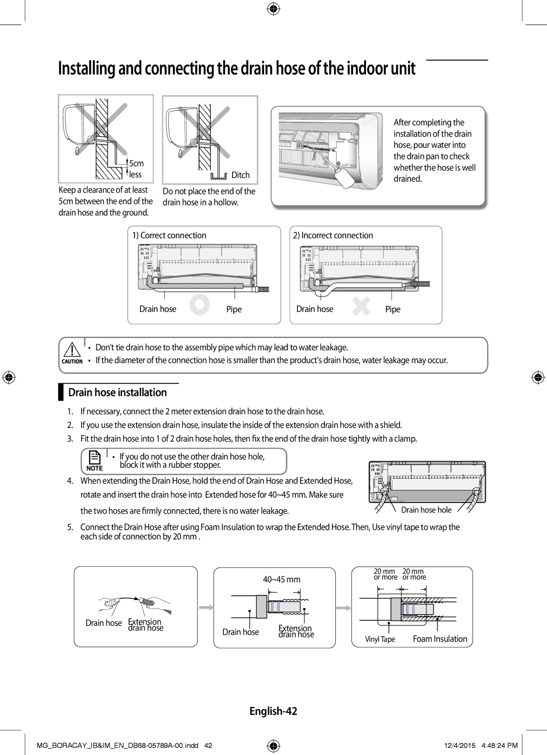 Samsung AR18KQFHCWKNMG manual Drain hose installation, English-42, Correct connection Incorrect connection Drain hose Pipe 