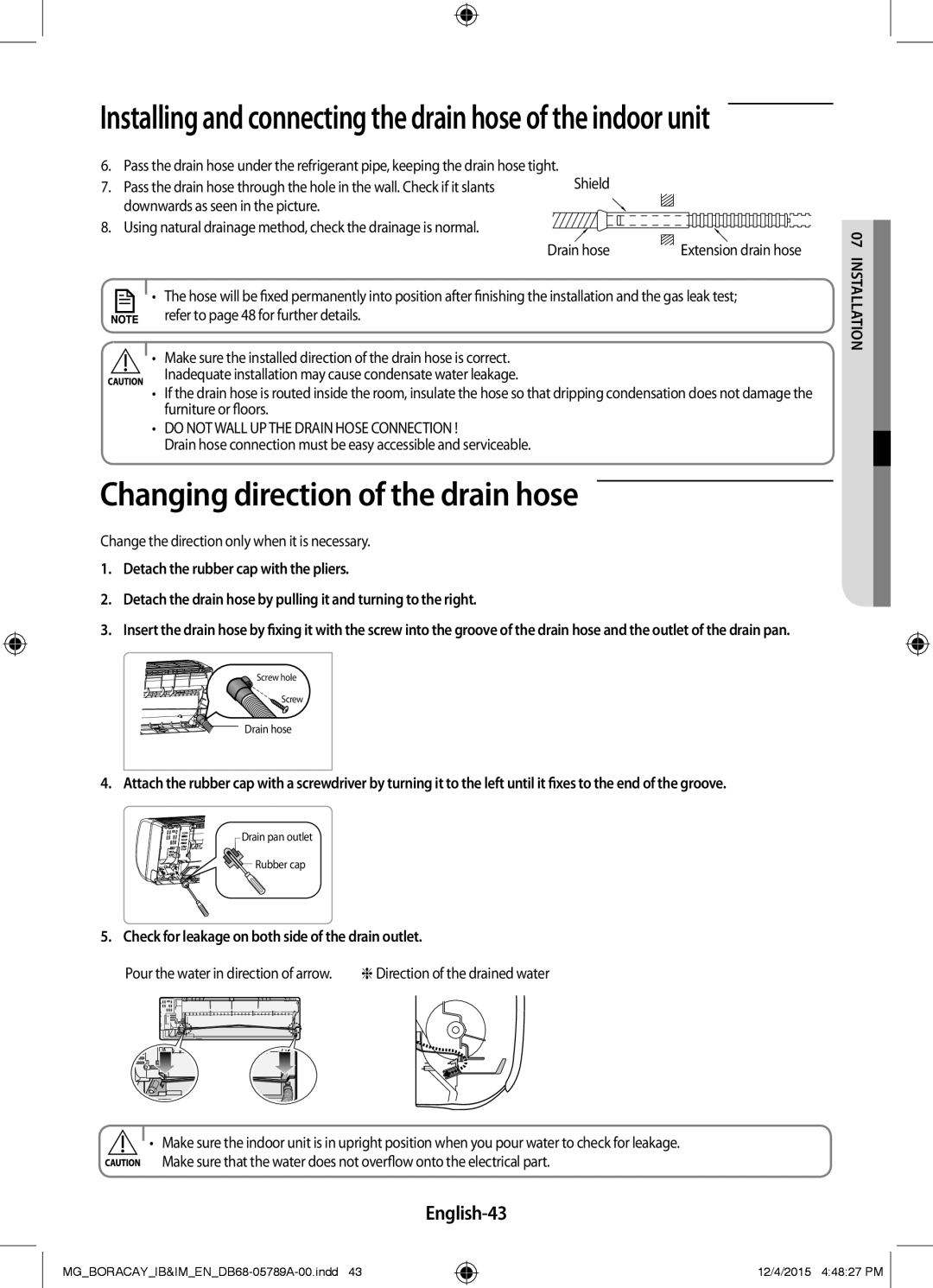 Samsung AR24KQFHCWKNMG Changing direction of the drain hose, English-43, Change the direction only when it is necessary 