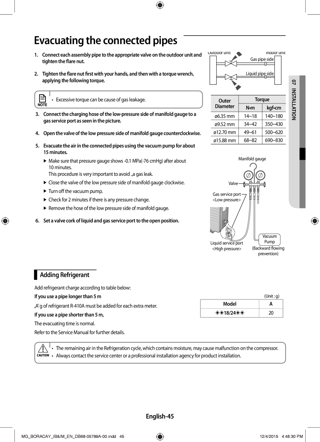 Samsung AR18KRFHCWKNMG, AR24KRFHCWKNMG Adding Refrigerant, English-45, Outer Torque, If you use a pipe longer than 5 m 