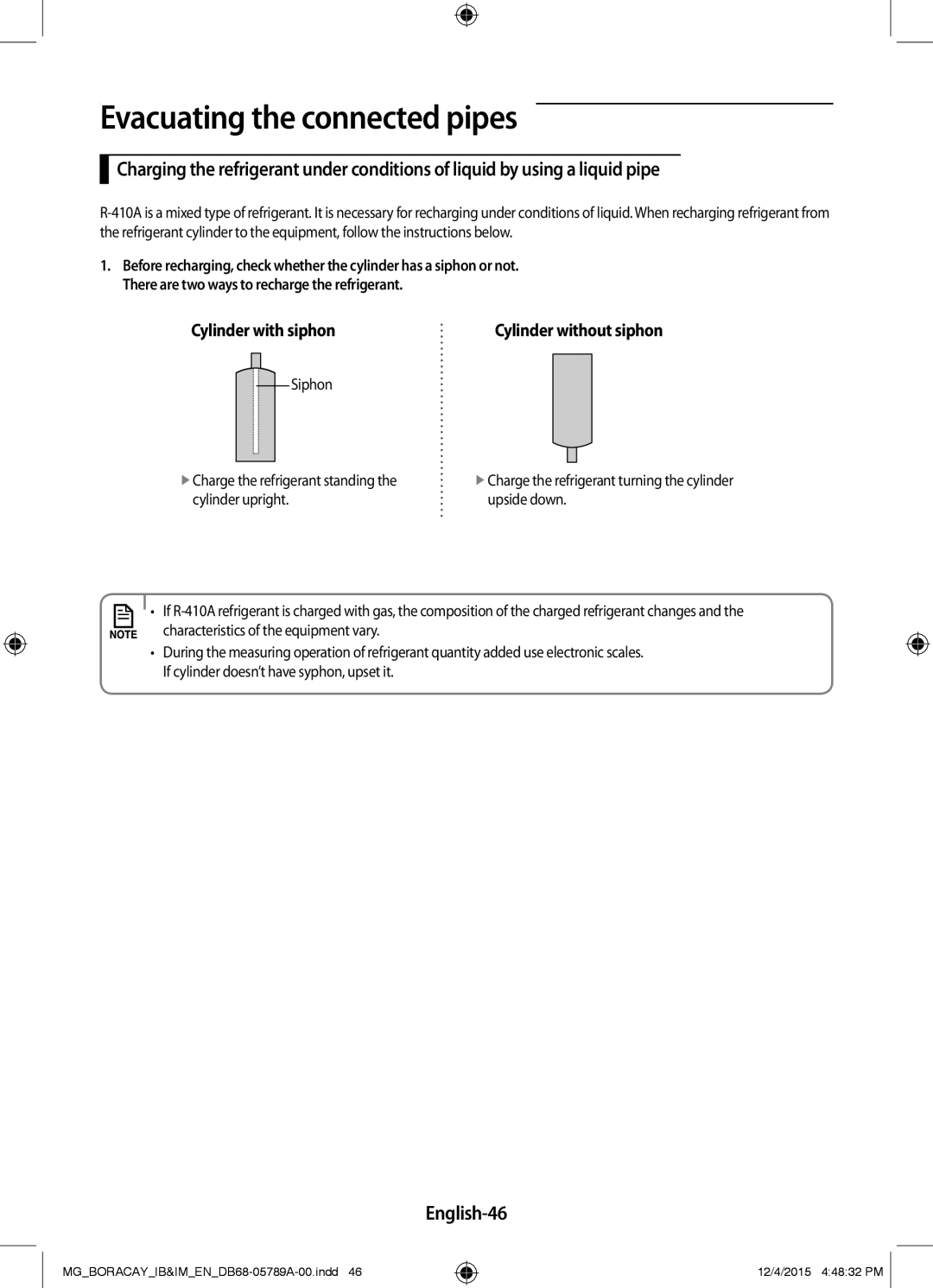 Samsung AR18KQFHCWKNMG, AR24KRFHCWKNMG, AR18KRFHCWKNMG, AR24KQFHCWKNMG manual English-46, Cylinder with siphon 