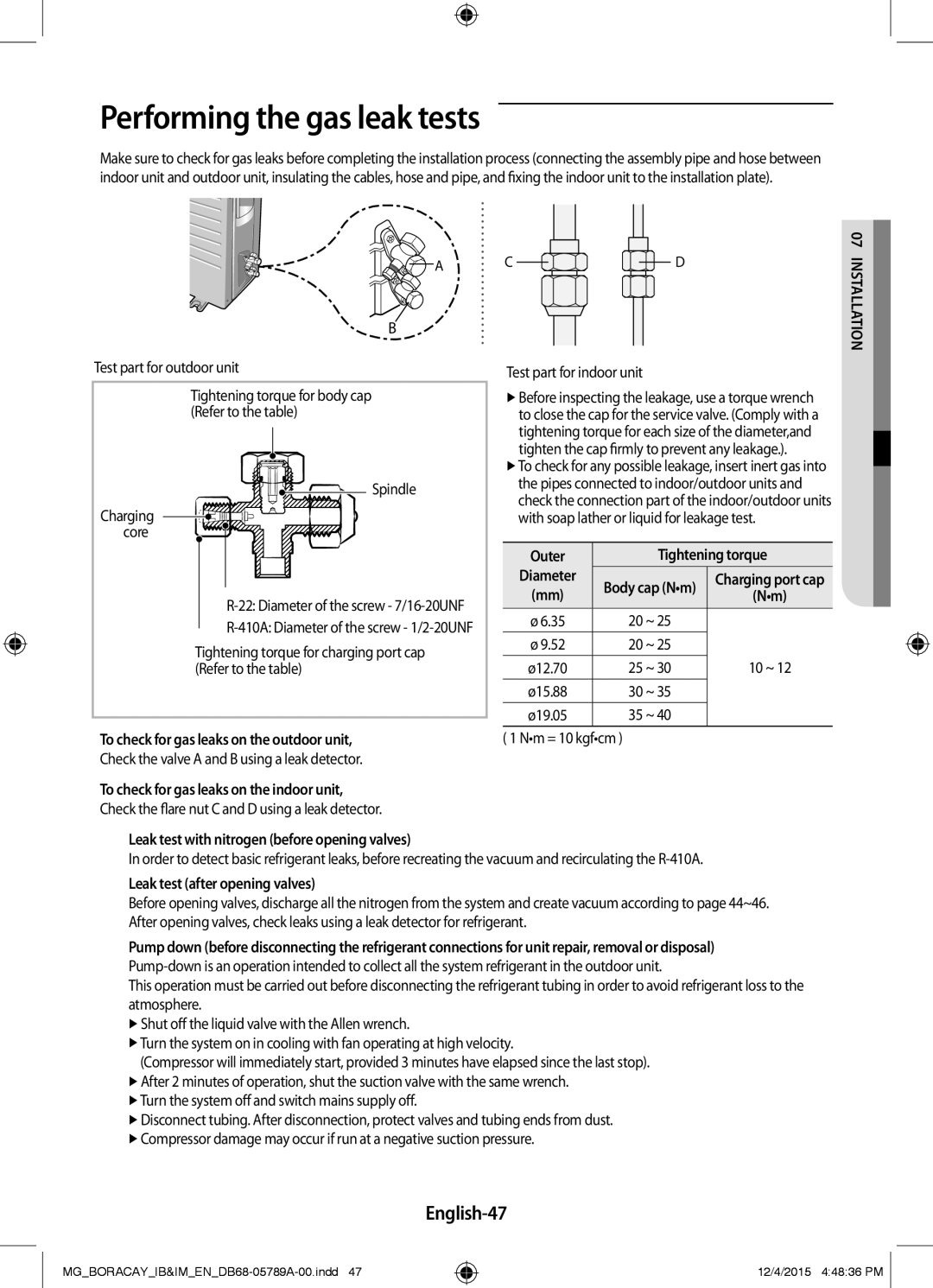 Samsung AR24KQFHCWKNMG, AR24KRFHCWKNMG, AR18KRFHCWKNMG, AR18KQFHCWKNMG manual Performing the gas leak tests, English-47 