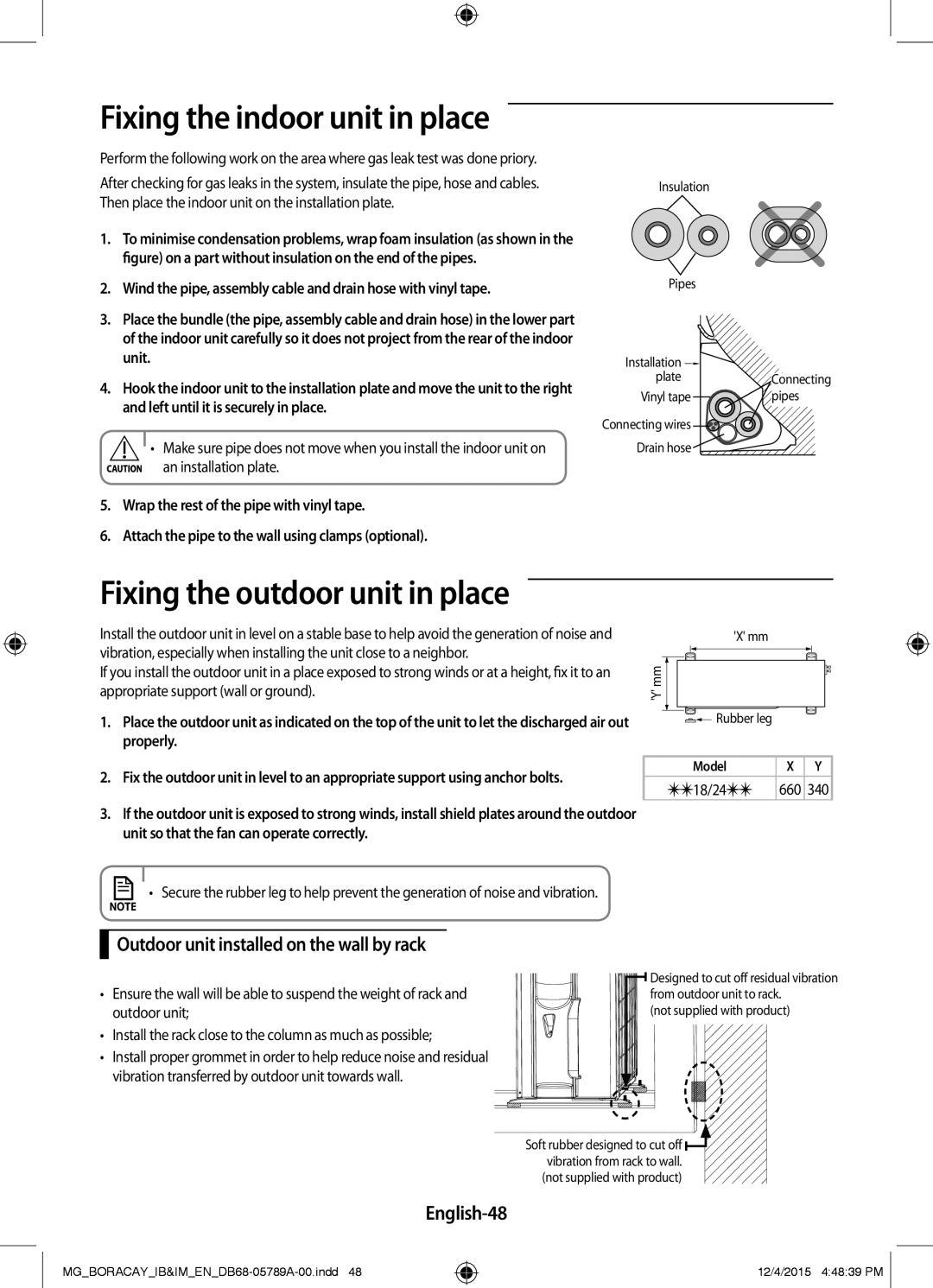 Samsung AR24KRFHCWKNMG manual Fixing the outdoor unit in place, Outdoor unit installed on the wall by rack, English-48 