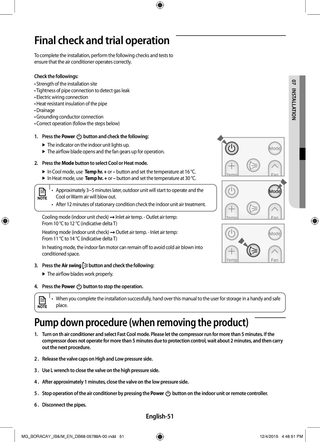 Samsung AR24KQFHCWKNMG, AR24KRFHCWKNMG, AR18KRFHCWKNMG, AR18KQFHCWKNMG manual Final check and trial operation, English-51 