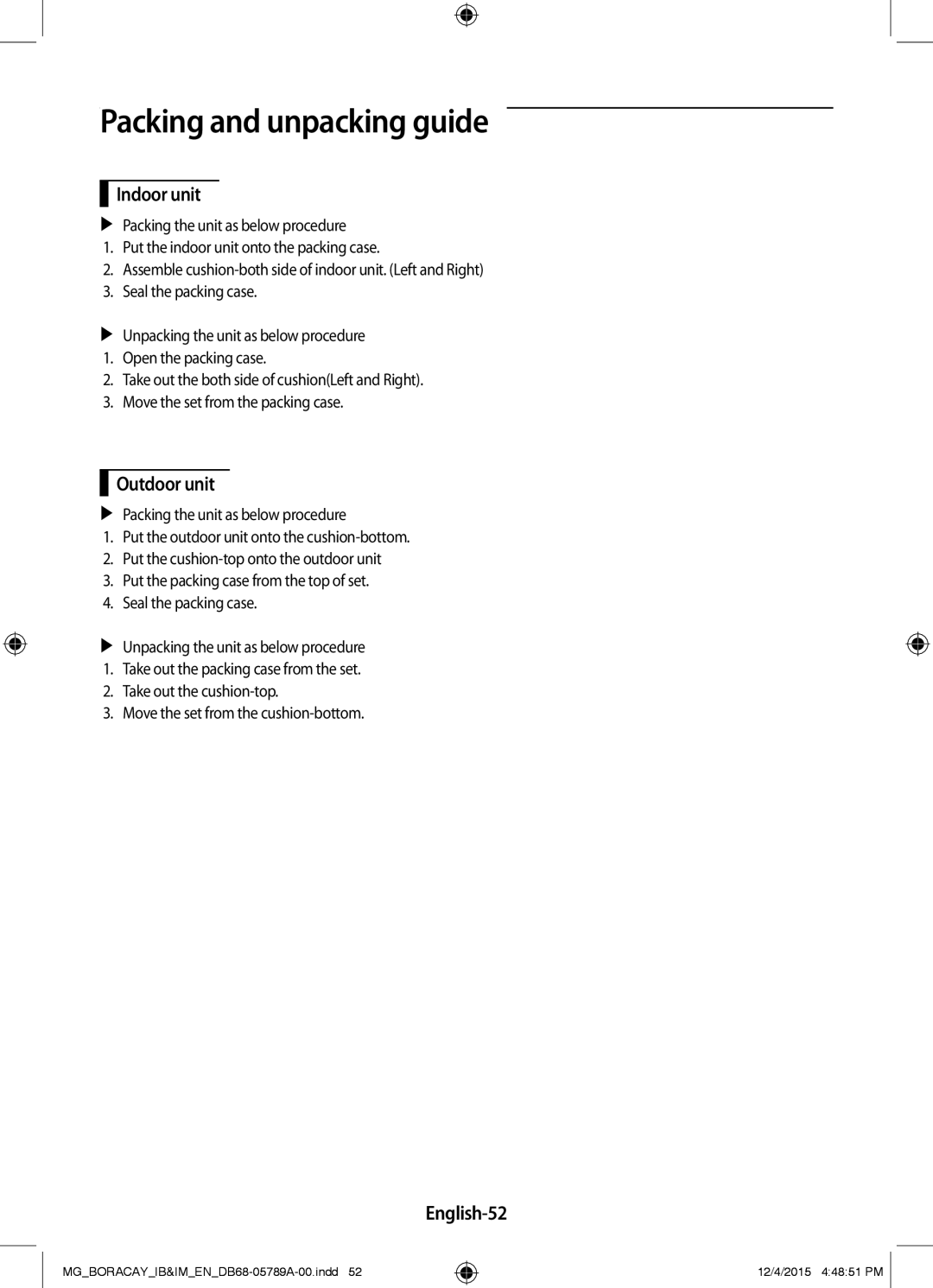 Samsung AR24KRFHCWKNMG, AR18KRFHCWKNMG, AR18KQFHCWKNMG, AR24KQFHCWKNMG manual Packing and unpacking guide, English-52 