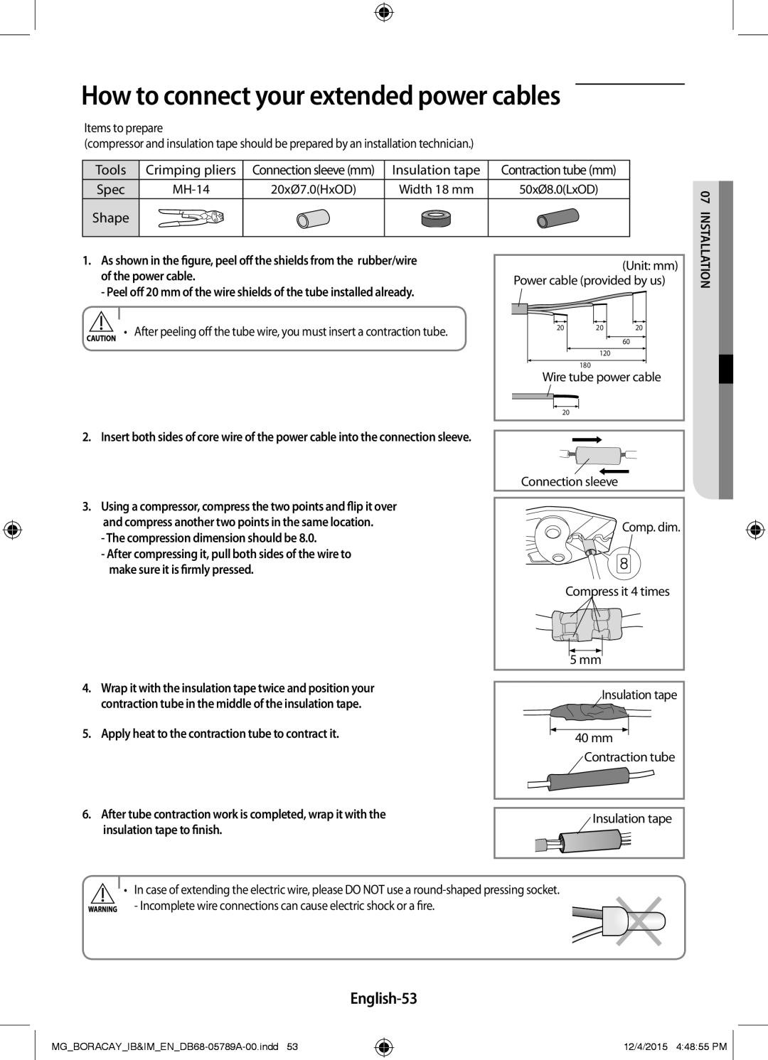 Samsung AR18KRFHCWKNMG, AR24KRFHCWKNMG How to connect your extended power cables, English-53, Insulation tape to finish 