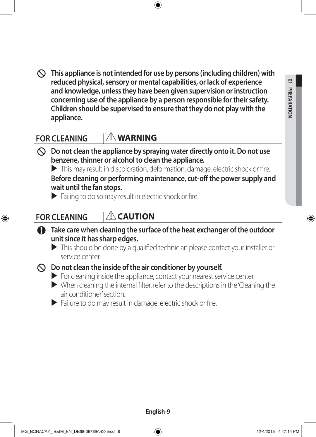 Samsung AR18KRFHCWKNMG, AR24KRFHCWKNMG, AR18KQFHCWKNMG, AR24KQFHCWKNMG manual For Cleaning, English-9 